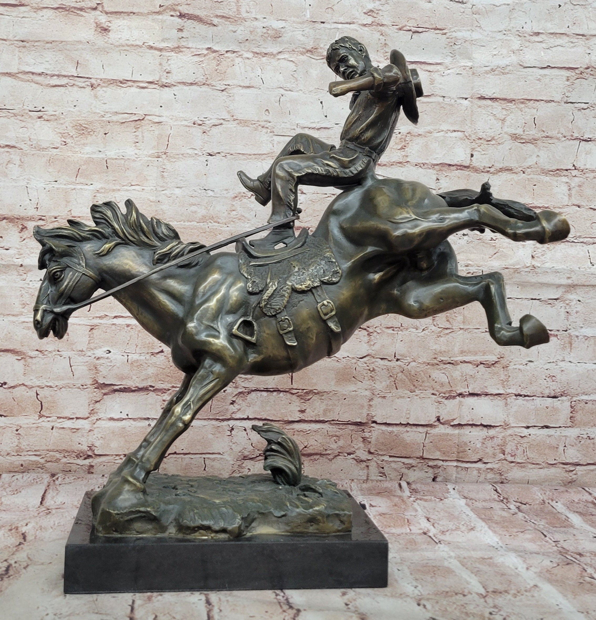 American Cowboy Bronze Sculpture Statue on Horseback Vintage Western Figurine
