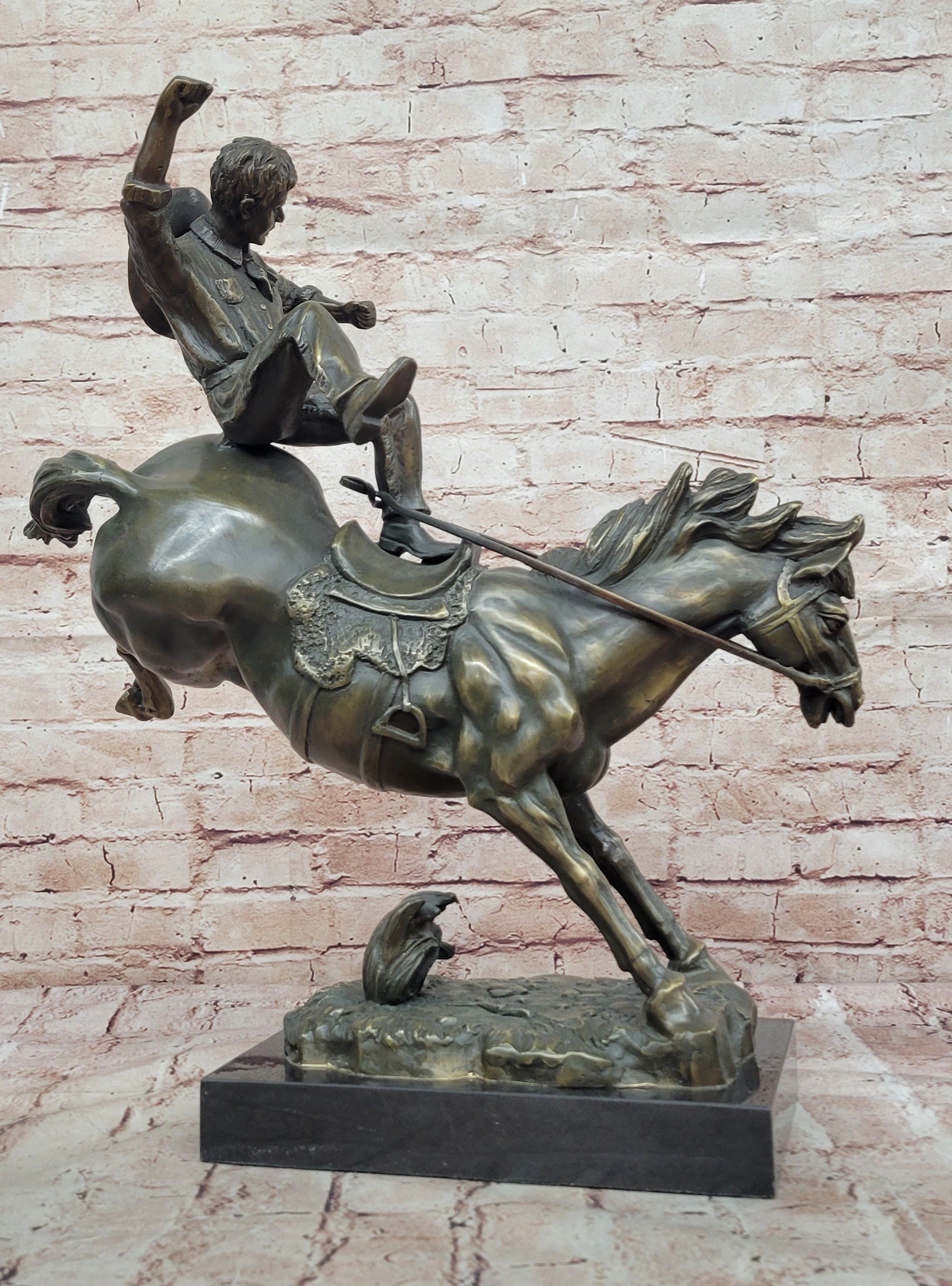 American Cowboy Bronze Sculpture Statue on Horseback Vintage Western Figurine