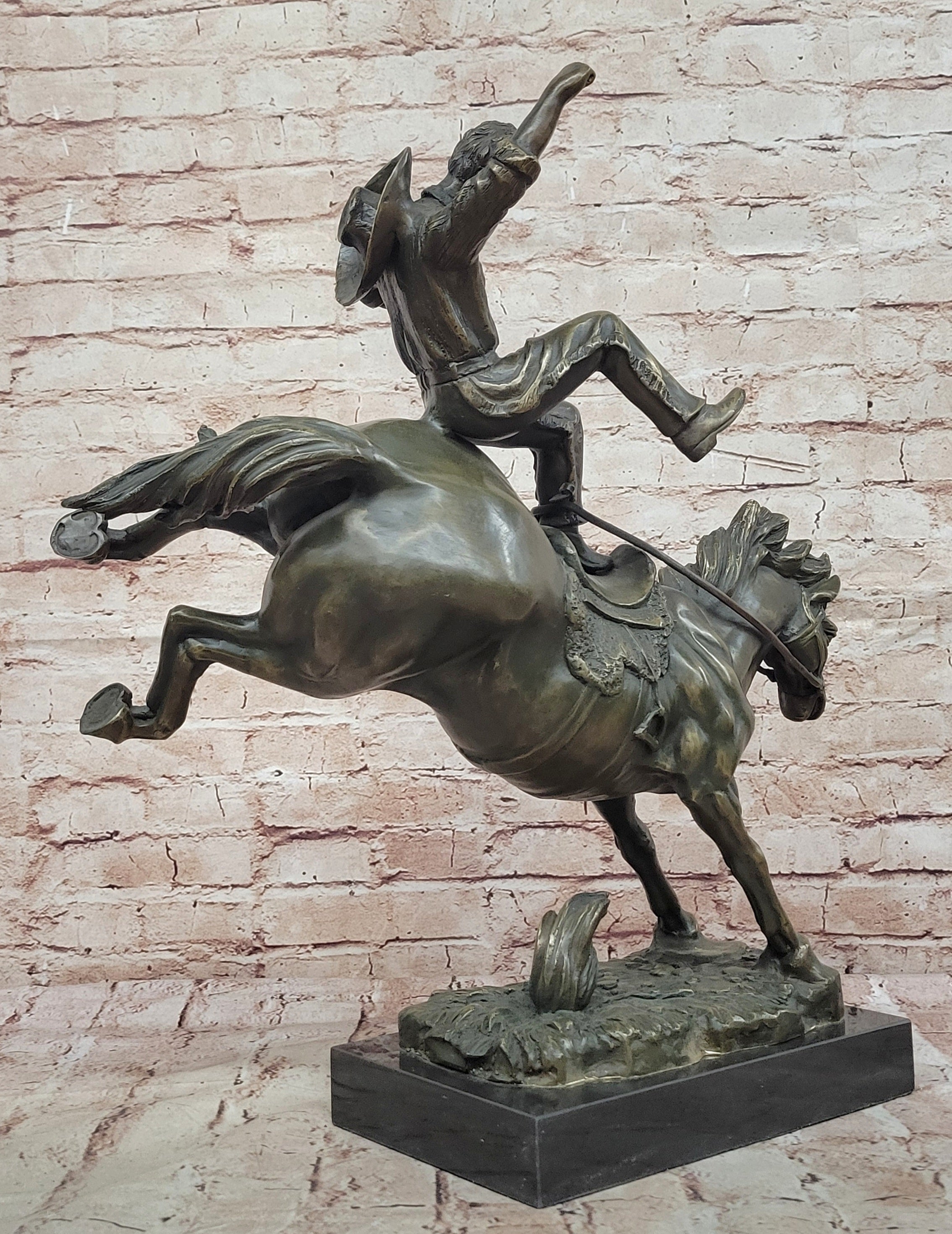 American Cowboy Bronze Sculpture Statue on Horseback Vintage Western Figurine
