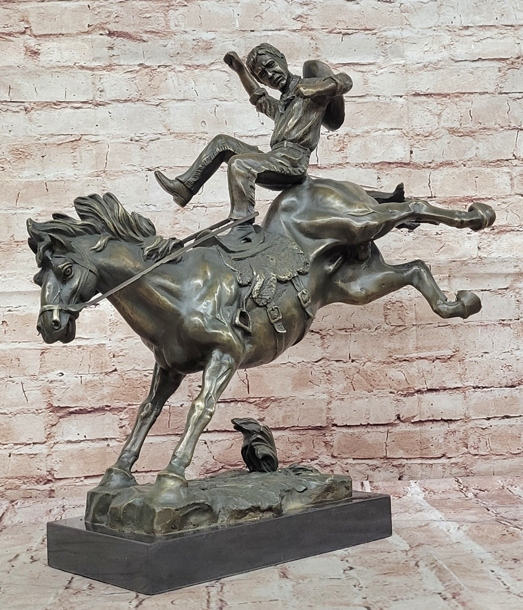 American Cowboy Bronze Sculpture Statue on Horseback Vintage Western Figurine