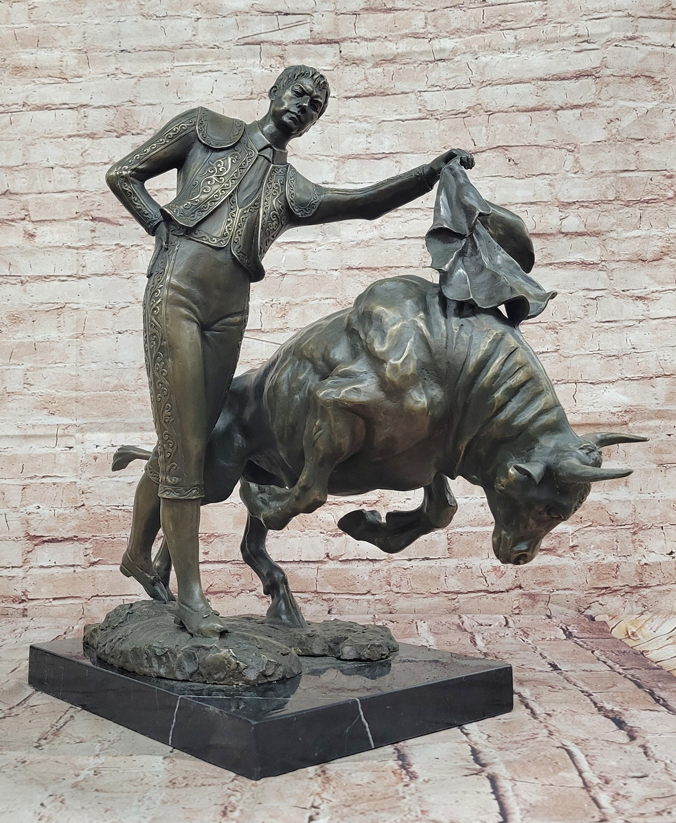 Bronze Sculpture Statue of Matador Facing Wild Bull Spanish Heritage Home Decor