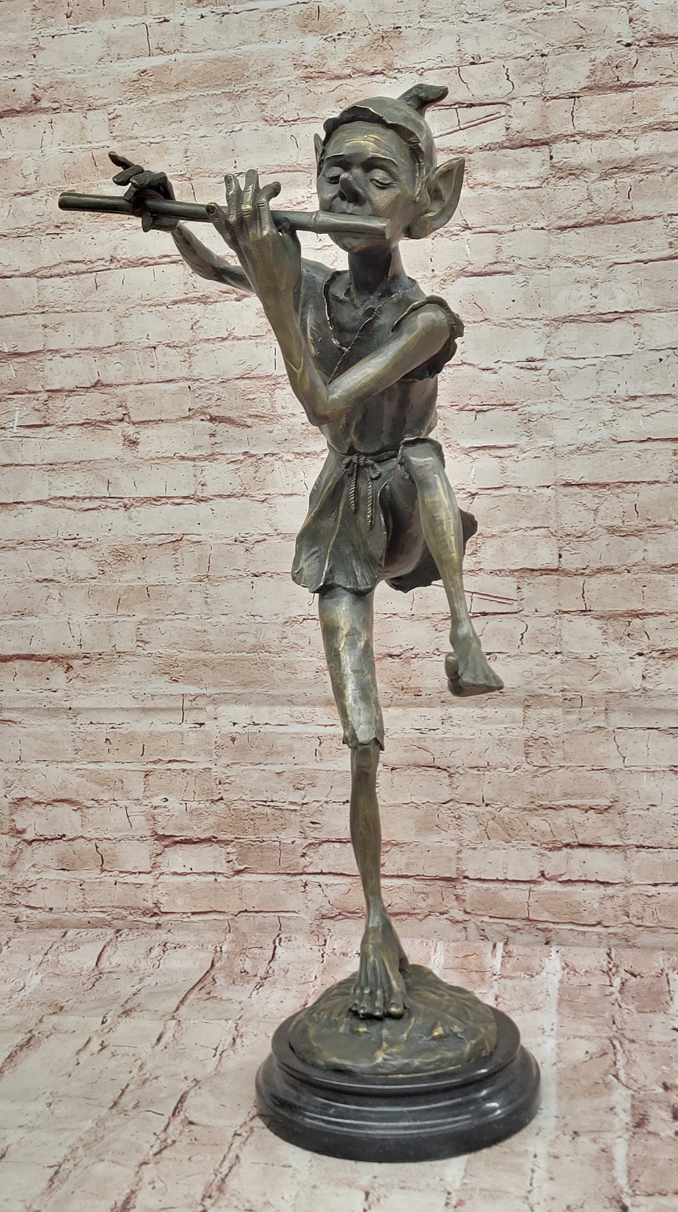 Signed Bronze Sculpture Statue of Flute-Playing Leprechaun Home Office Figurine