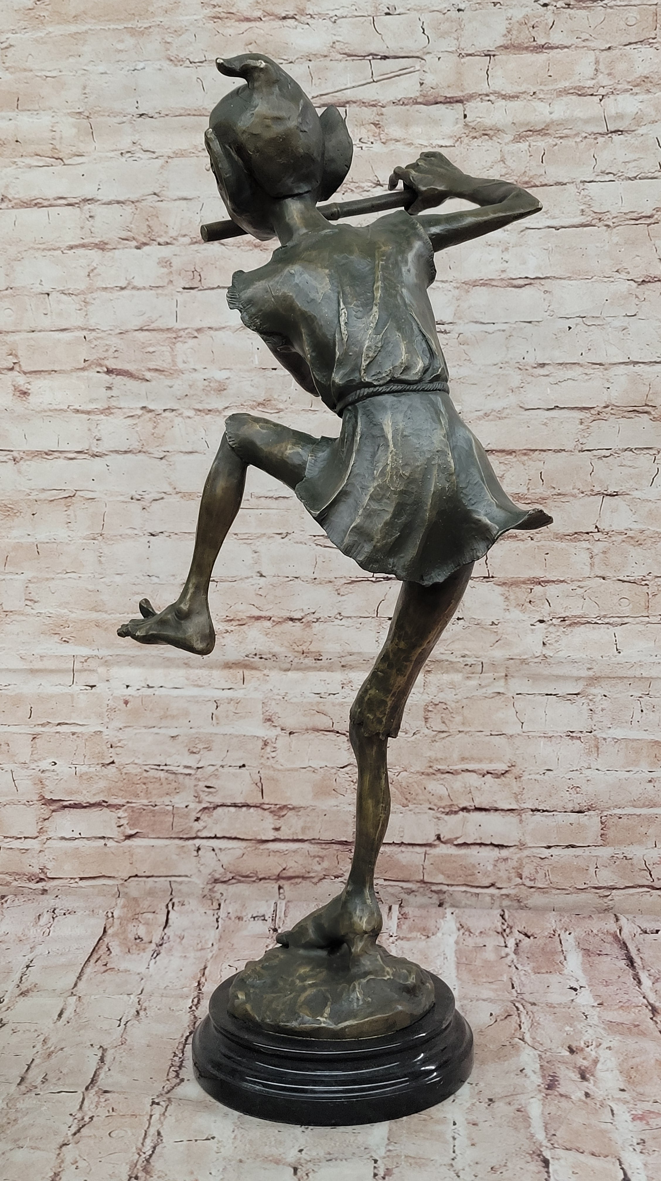 Signed Bronze Sculpture Statue of Flute-Playing Leprechaun Home Office Figurine