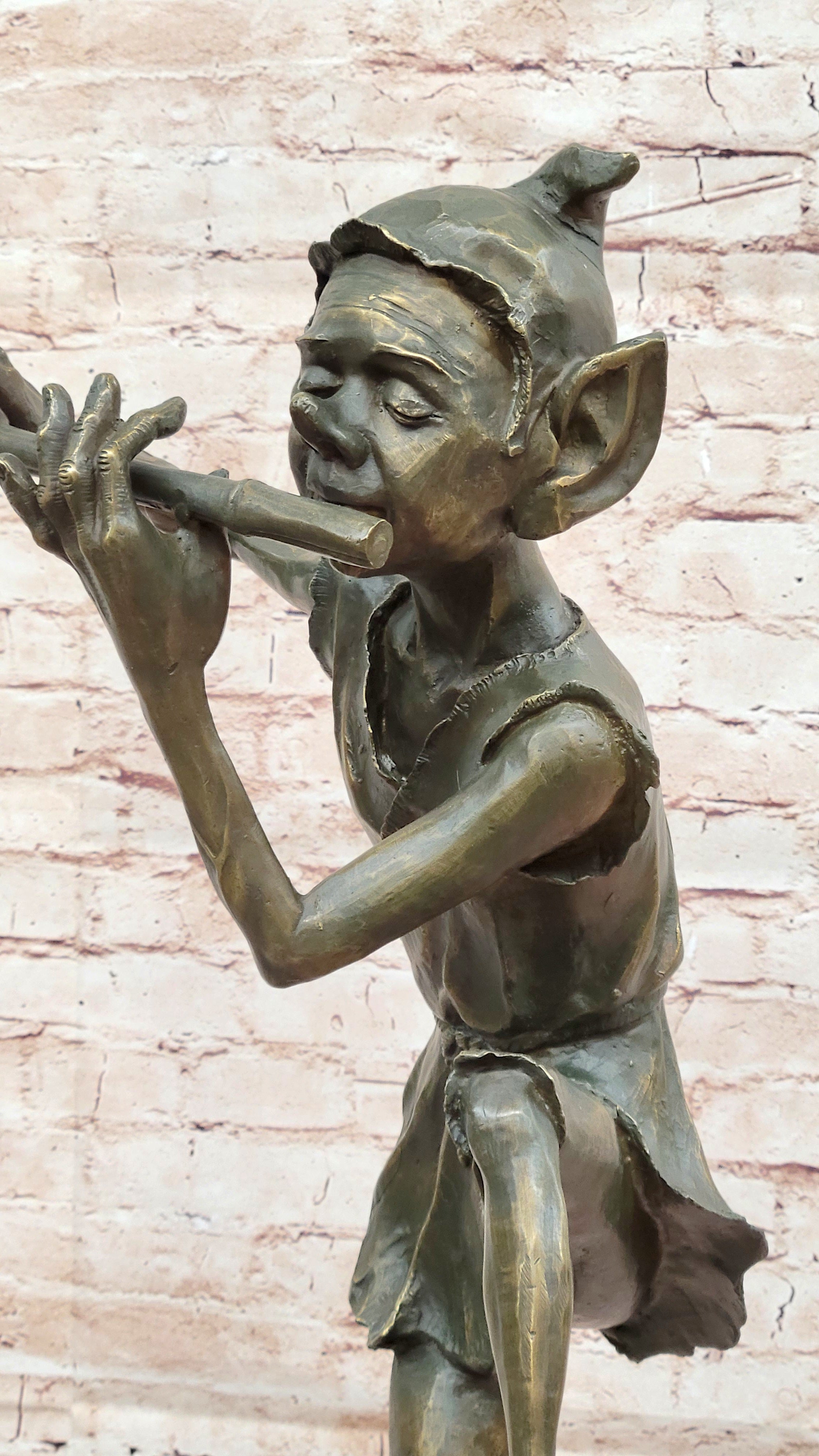 Signed Bronze Sculpture Statue of Flute-Playing Leprechaun Home Office Figurine
