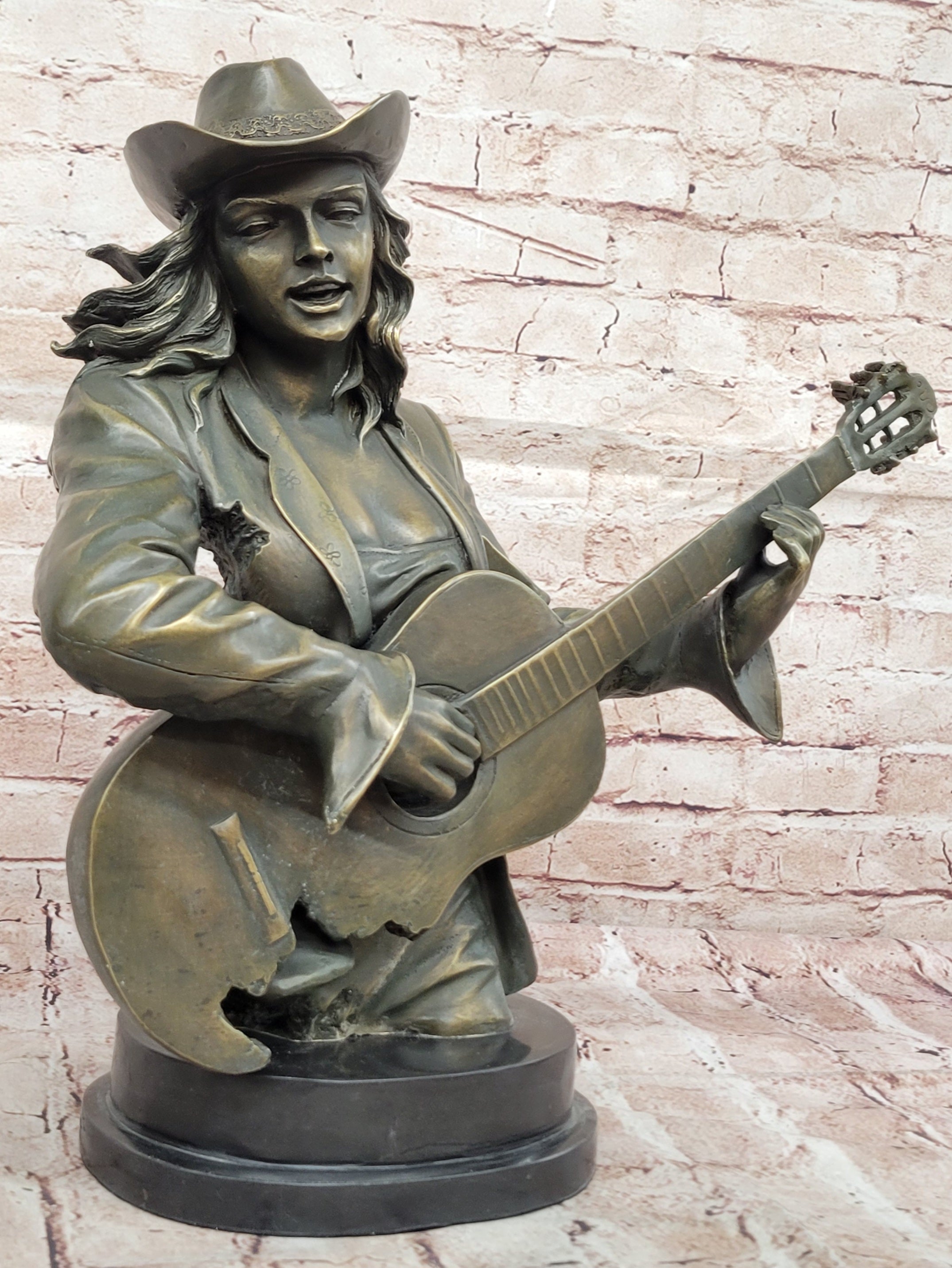 Bronze Cowgirl Guitarist Bust Sculpture Signed Williams Music Lover Western Decor Figurine