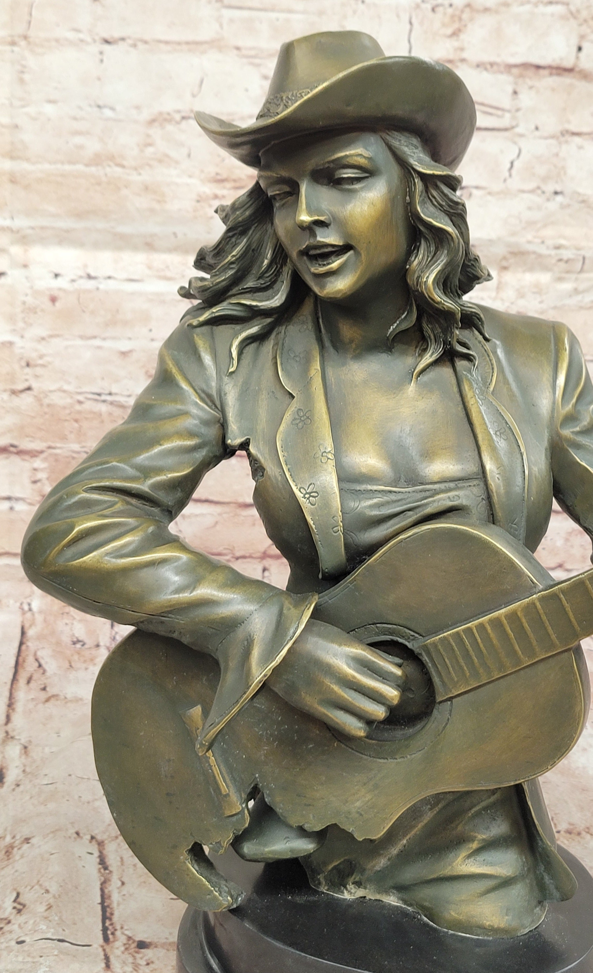 Bronze Cowgirl Guitarist Bust Sculpture Signed Williams Music Lover Western Decor Figurine