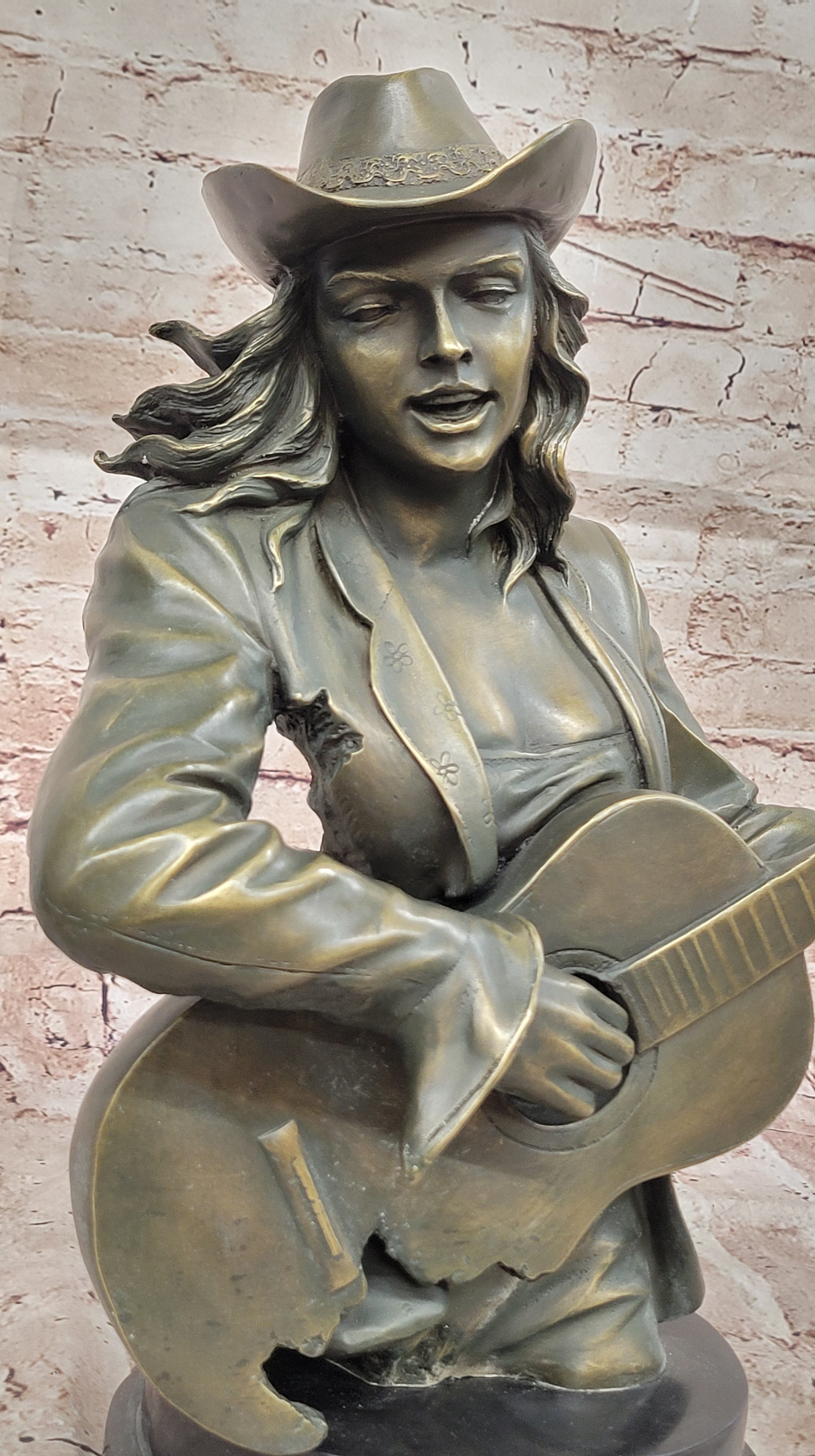 Bronze Cowgirl Guitarist Bust Sculpture Signed Williams Music Lover Western Decor Figurine