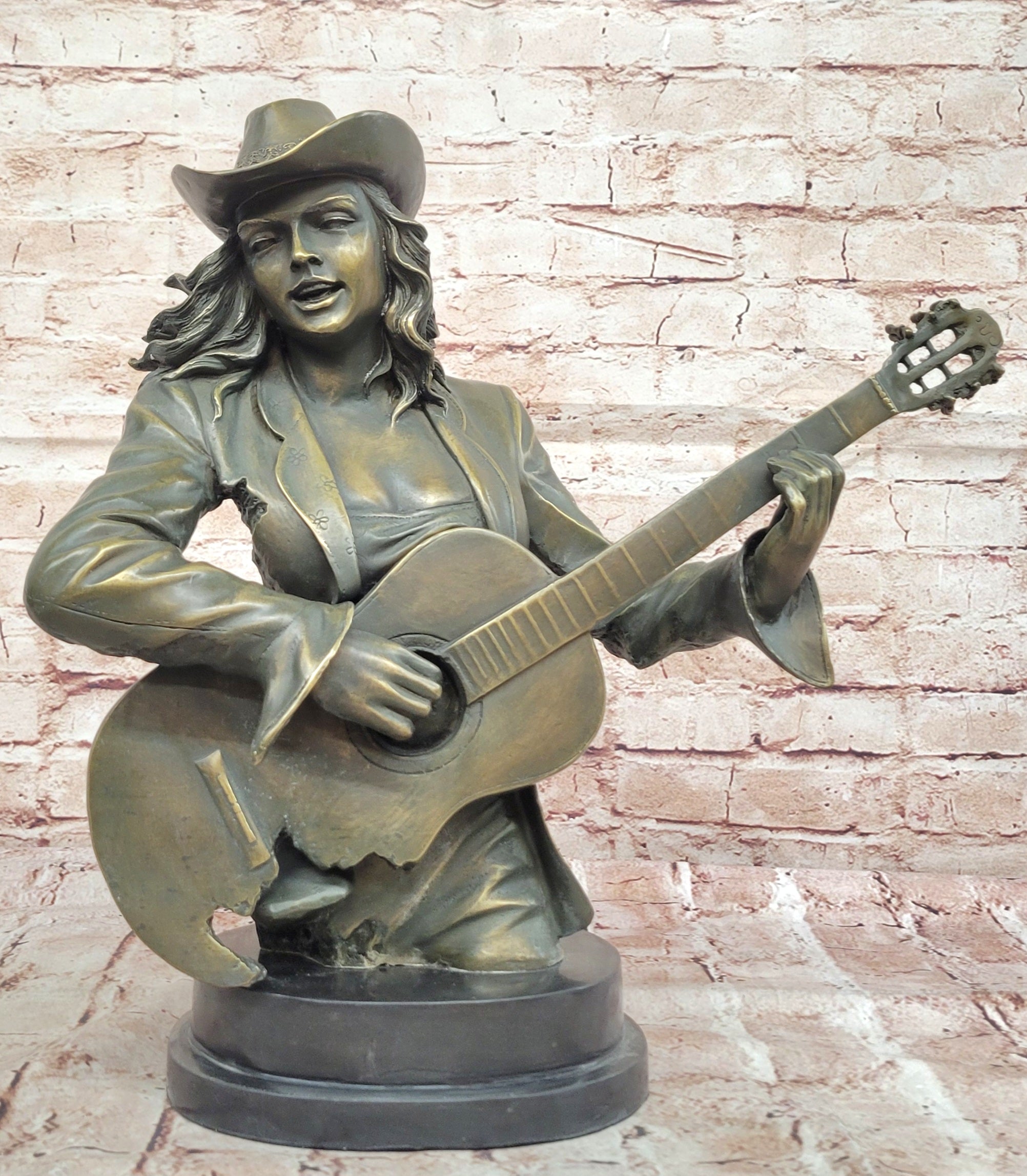 Bronze Cowgirl Guitarist Bust Sculpture Signed Williams Music Lover Western Decor Figurine