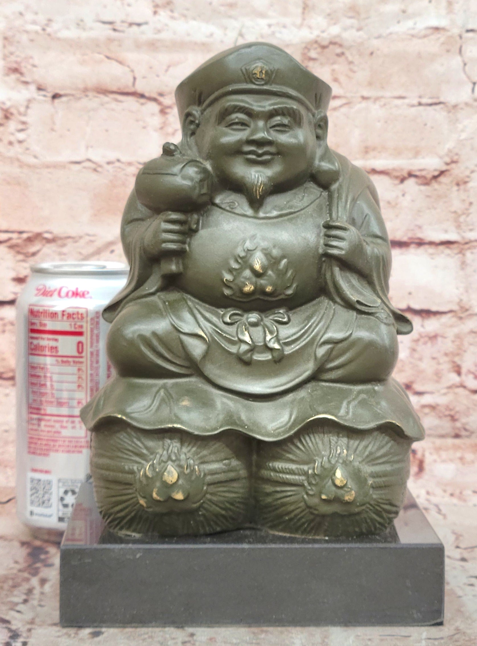 Signed Bronze Laughing Buddha Figurine Maitreya Sculpture Good Fortune Art