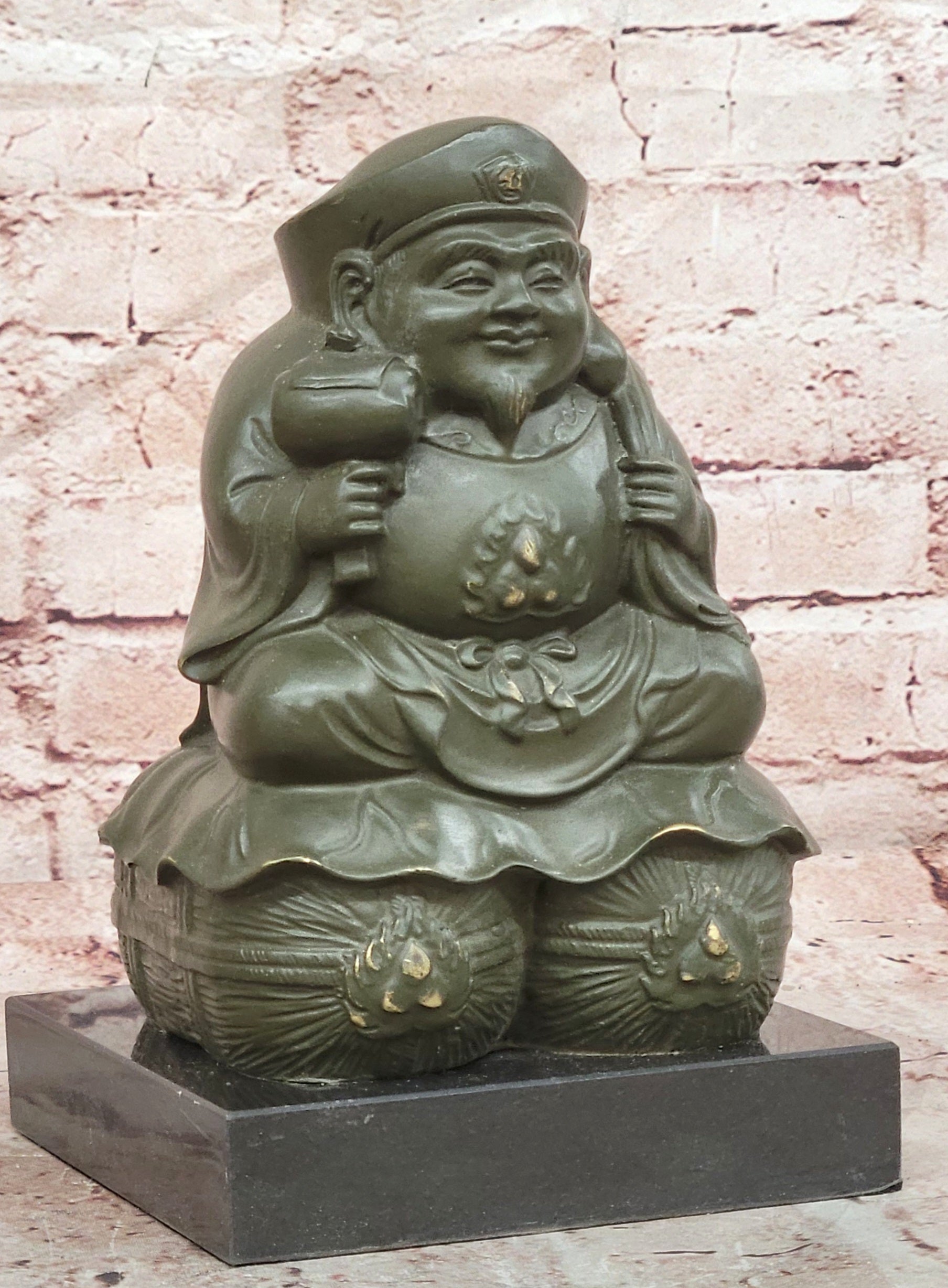 Signed Bronze Laughing Buddha Figurine Maitreya Sculpture Good Fortune Art