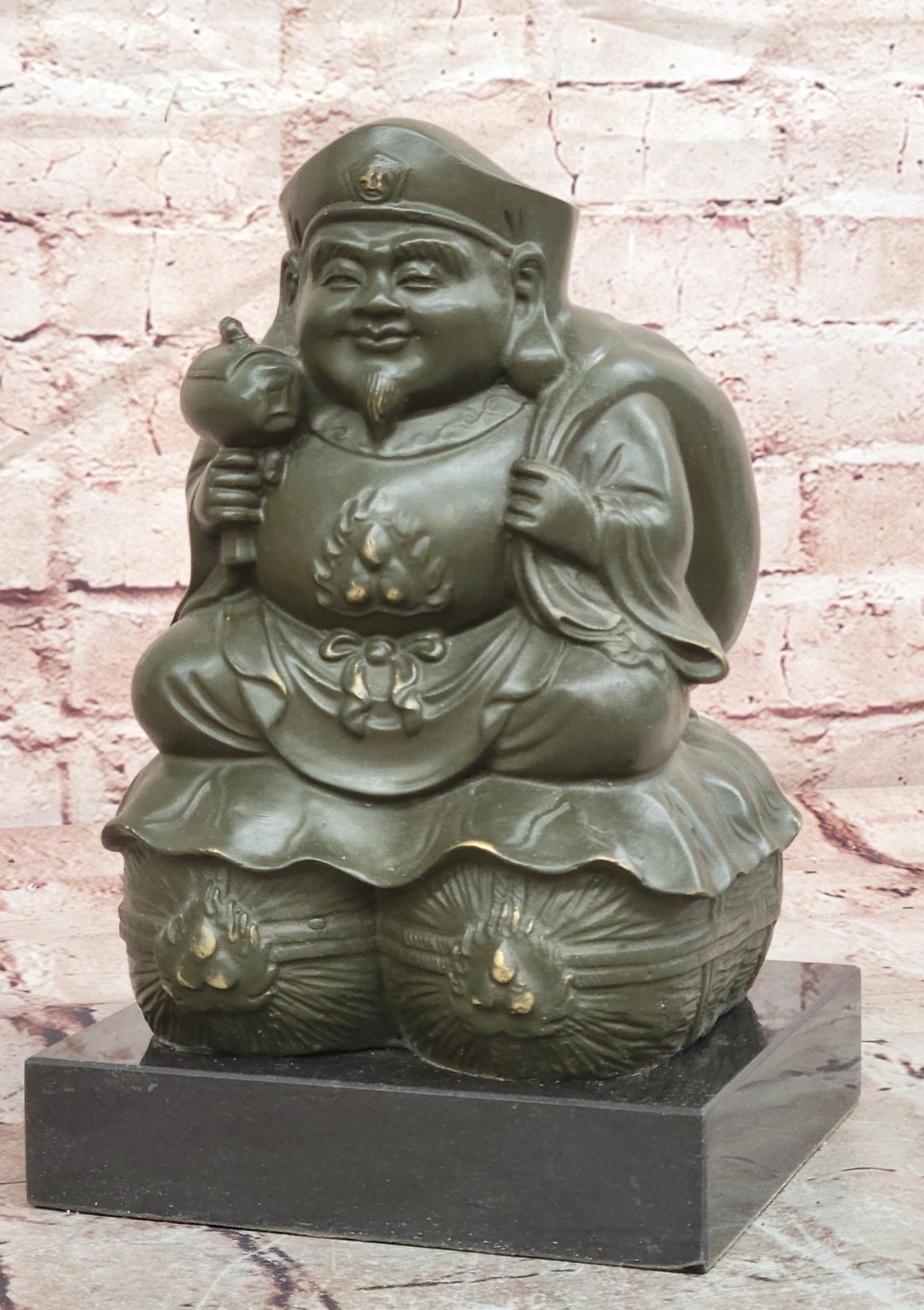 Signed Bronze Laughing Buddha Figurine Maitreya Sculpture Good Fortune Art