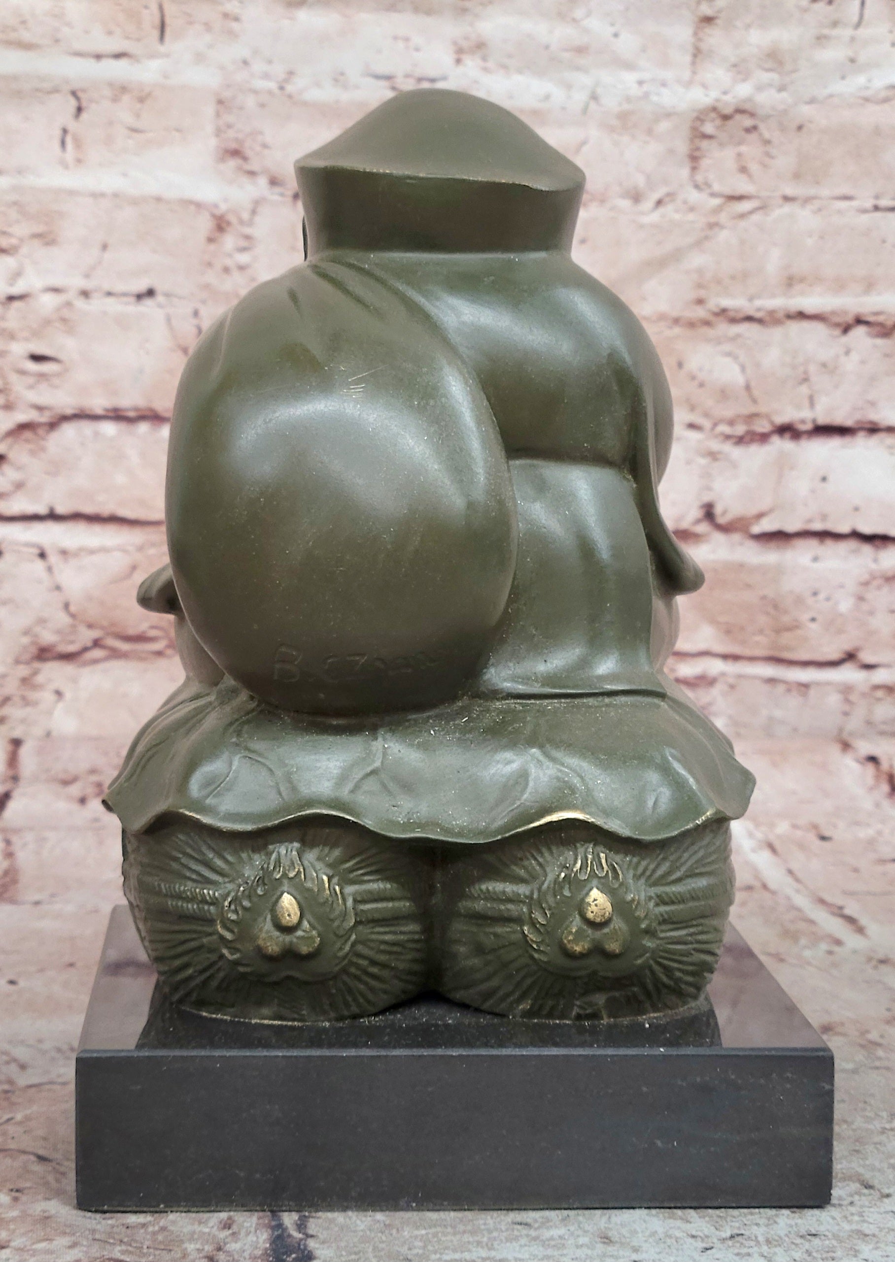Signed Bronze Laughing Buddha Figurine Maitreya Sculpture Good Fortune Art