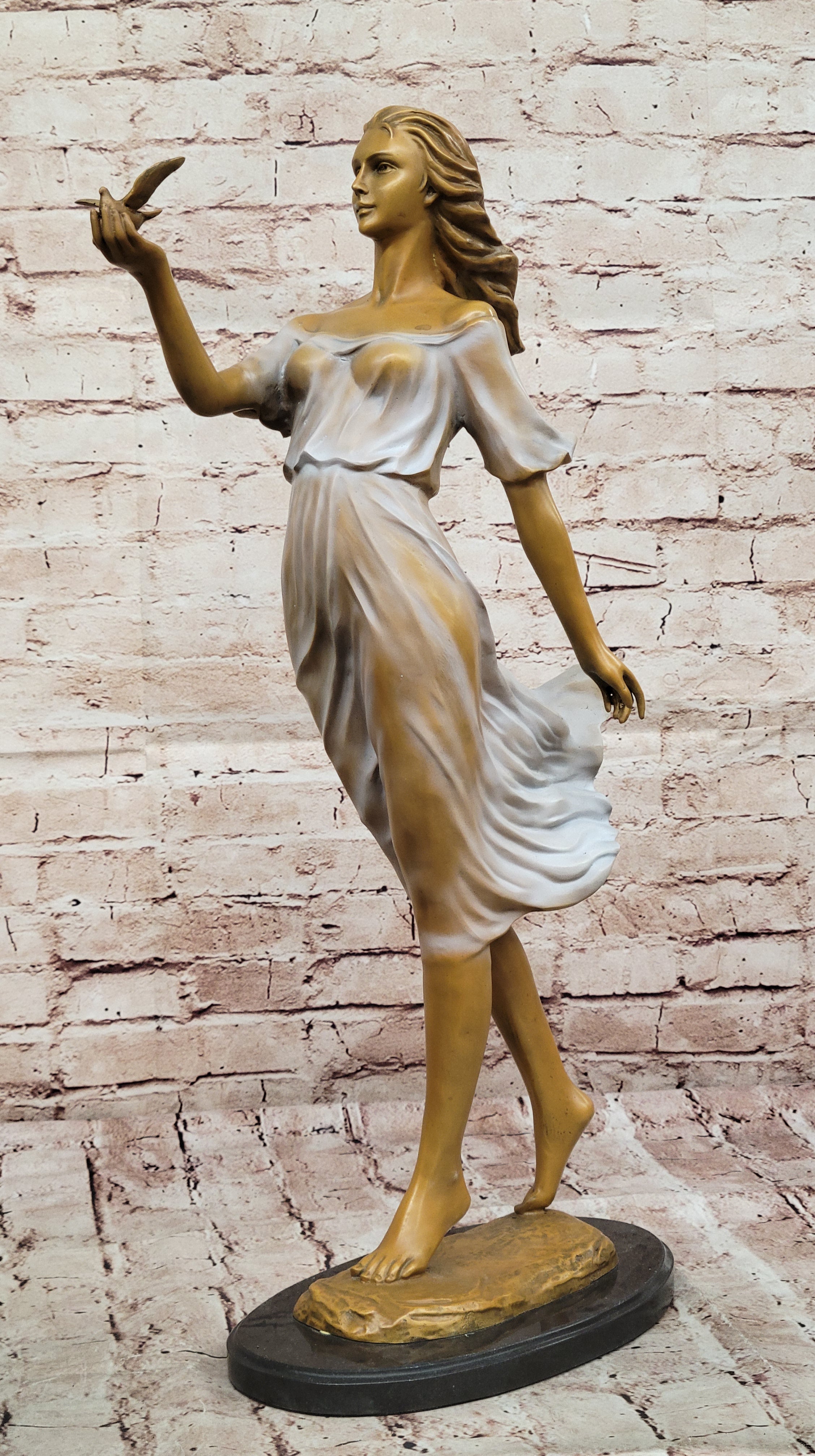 Erotic Bronze Sculpture of Woman with Bird – Handmade Collectible Statue for Art Lovers