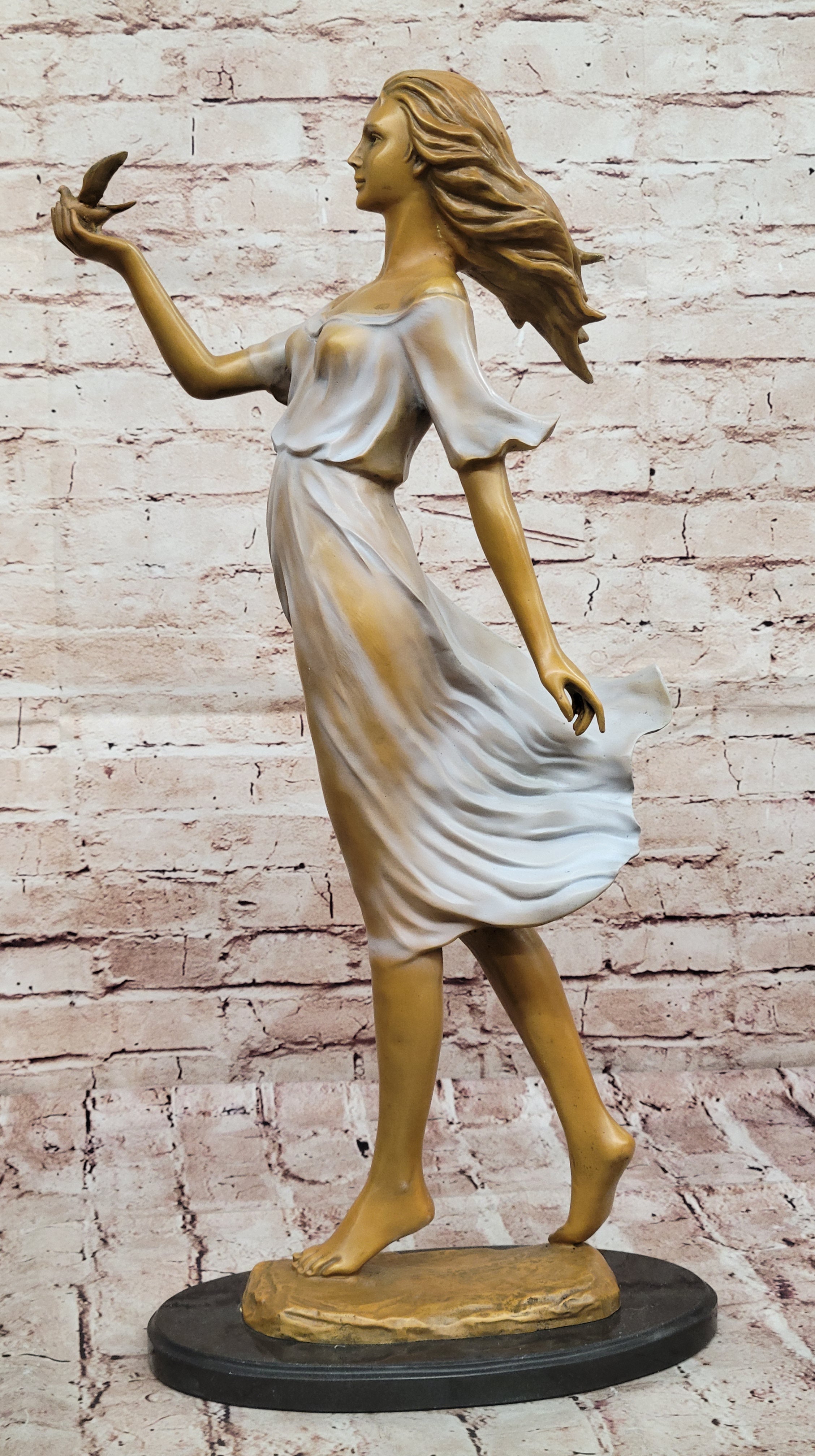 Erotic Bronze Sculpture of Woman with Bird – Handmade Collectible Statue for Art Lovers
