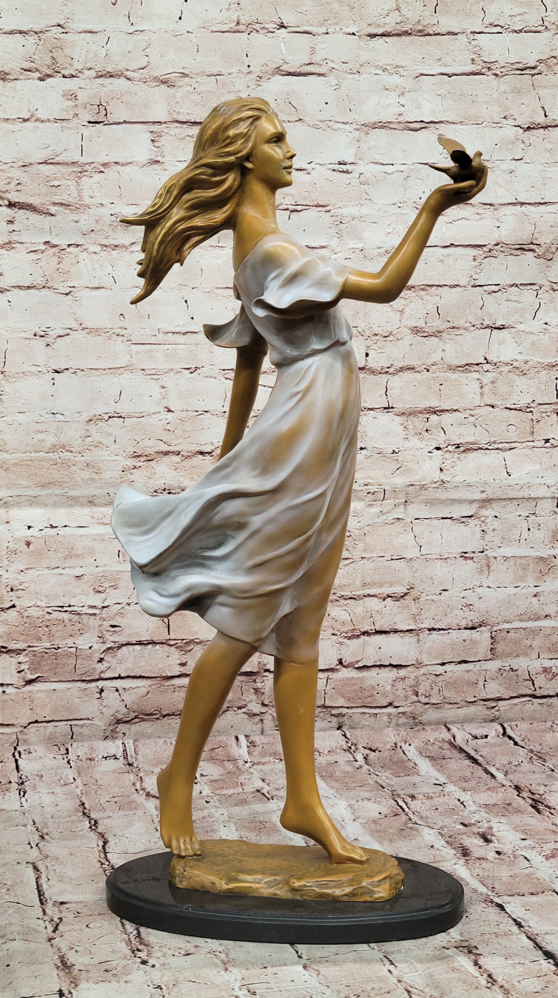 Erotic Bronze Sculpture of Woman with Bird – Handmade Collectible Statue for Art Lovers