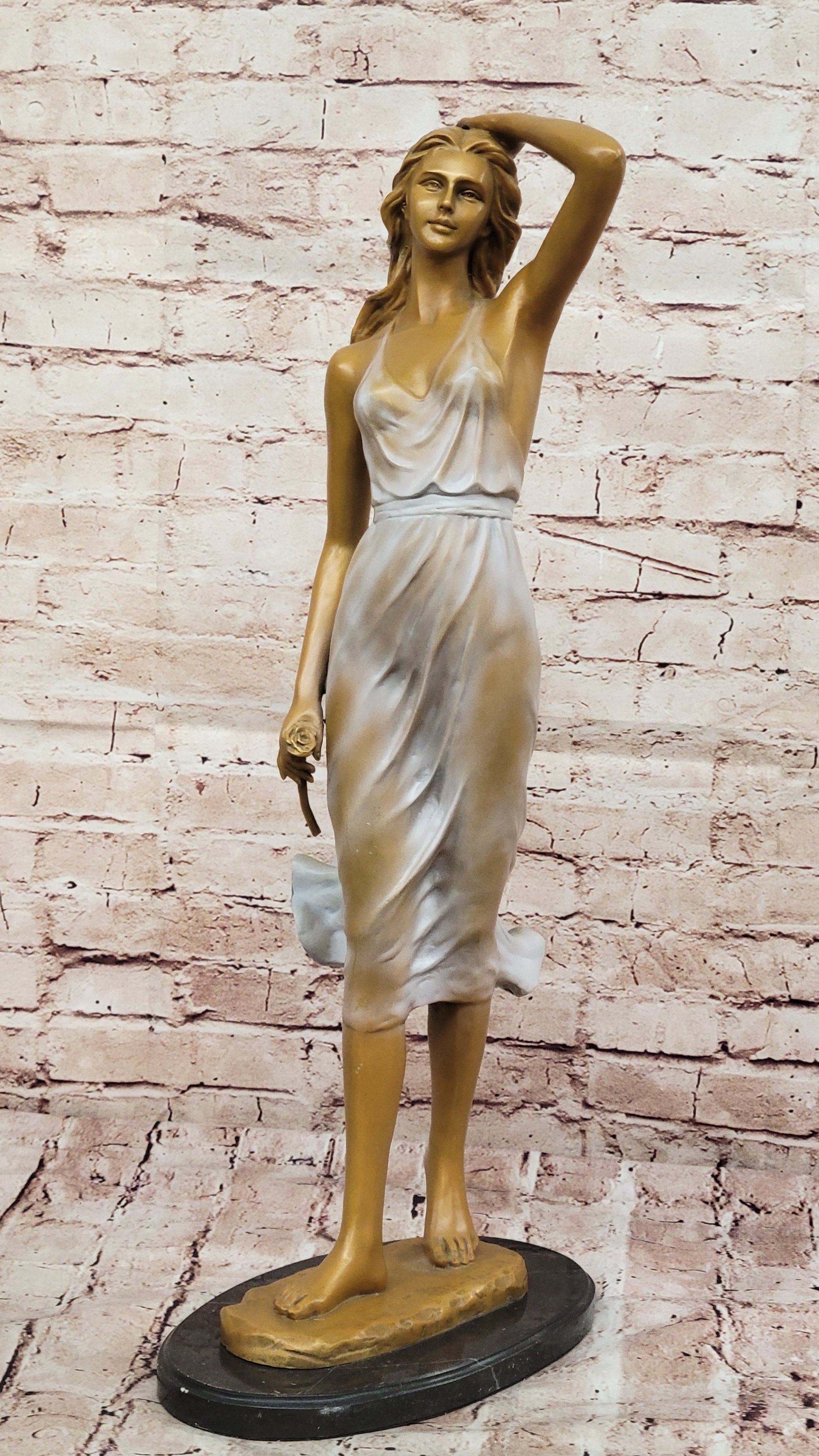 Graceful Lady Holding a Rose Bronze Sculpture – Luxury Art Collectible Female Statue