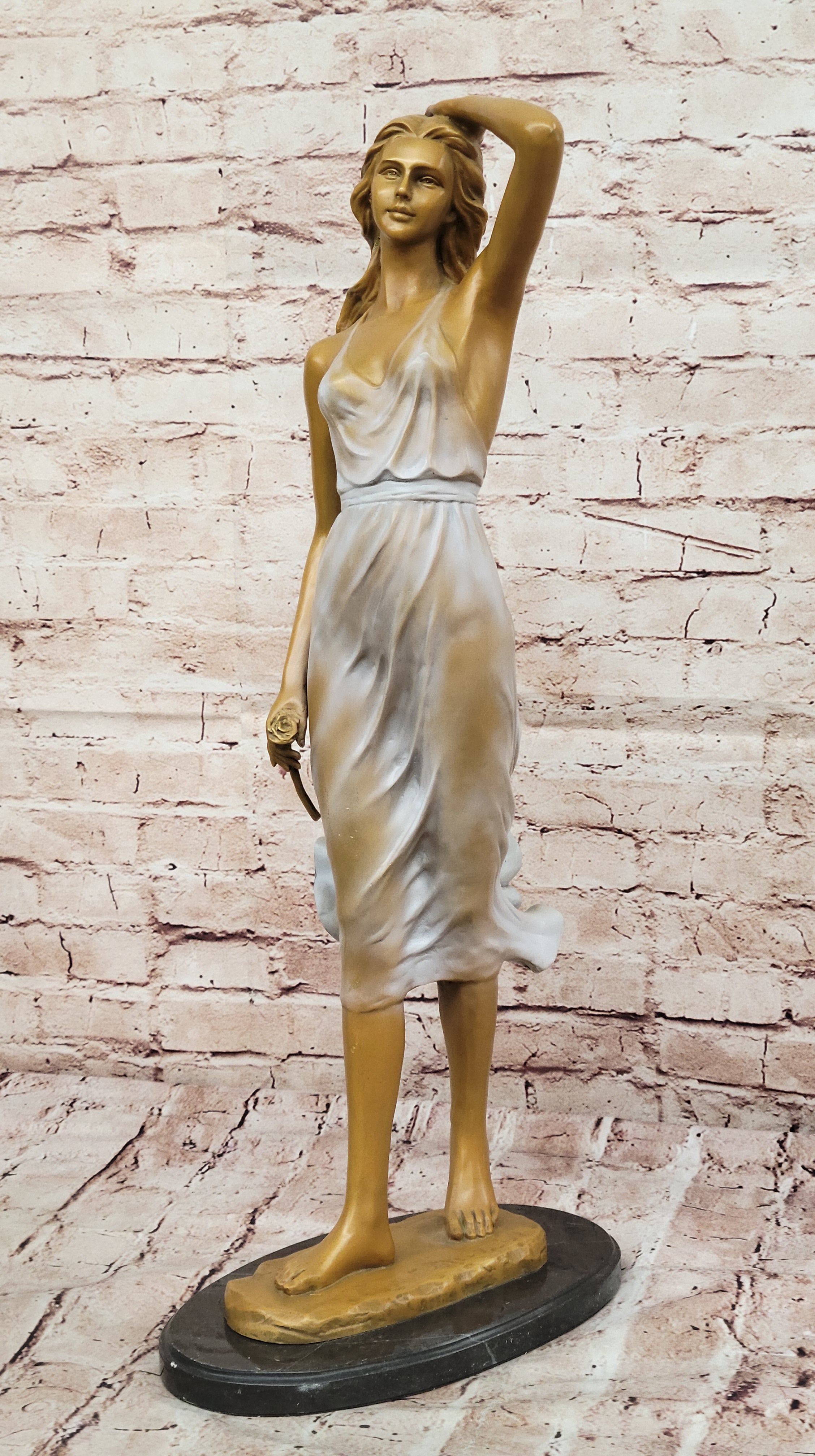 Graceful Lady Holding a Rose Bronze Sculpture – Luxury Art Collectible Female Statue