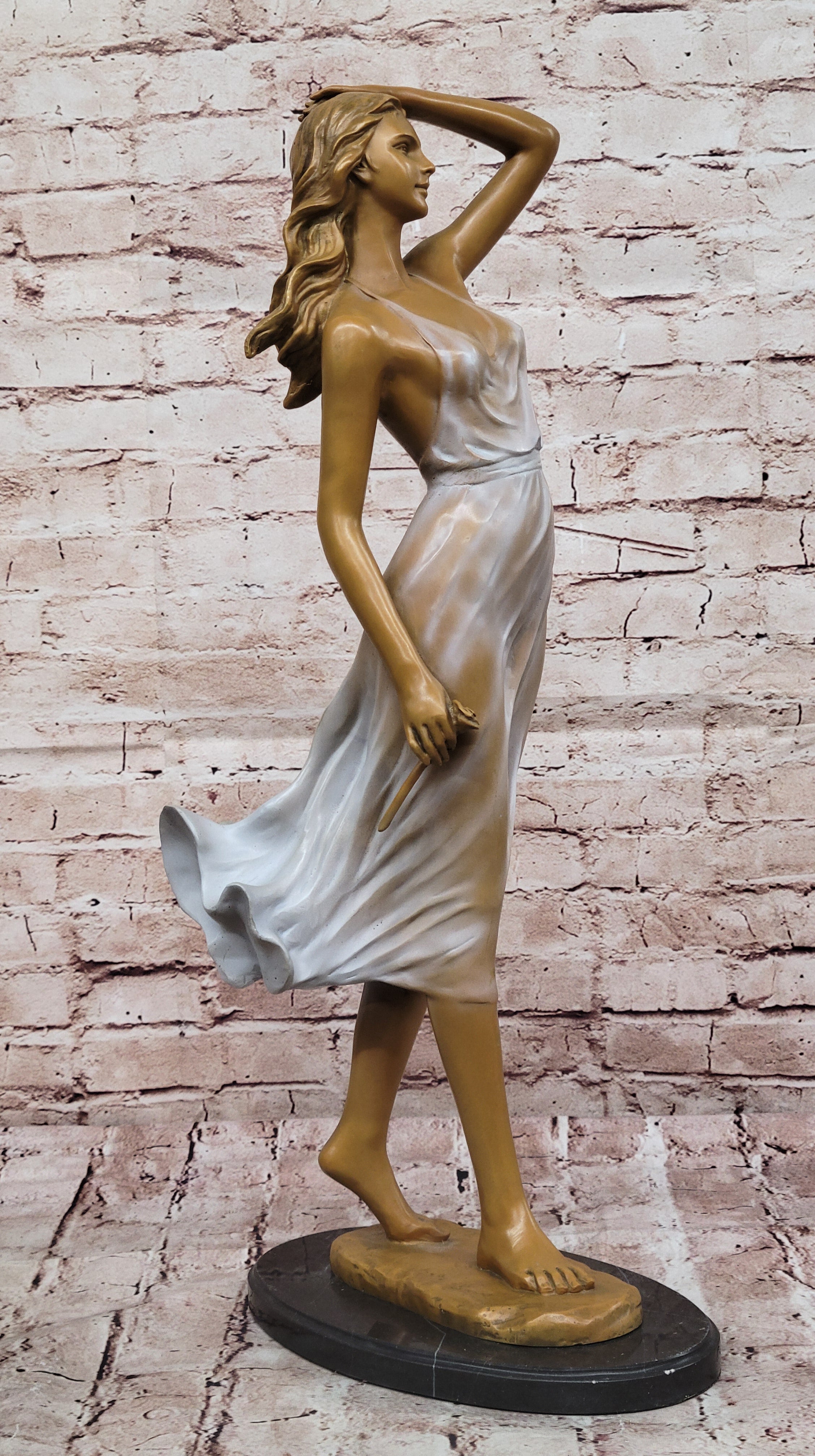 Graceful Lady Holding a Rose Bronze Sculpture – Luxury Art Collectible Female Statue