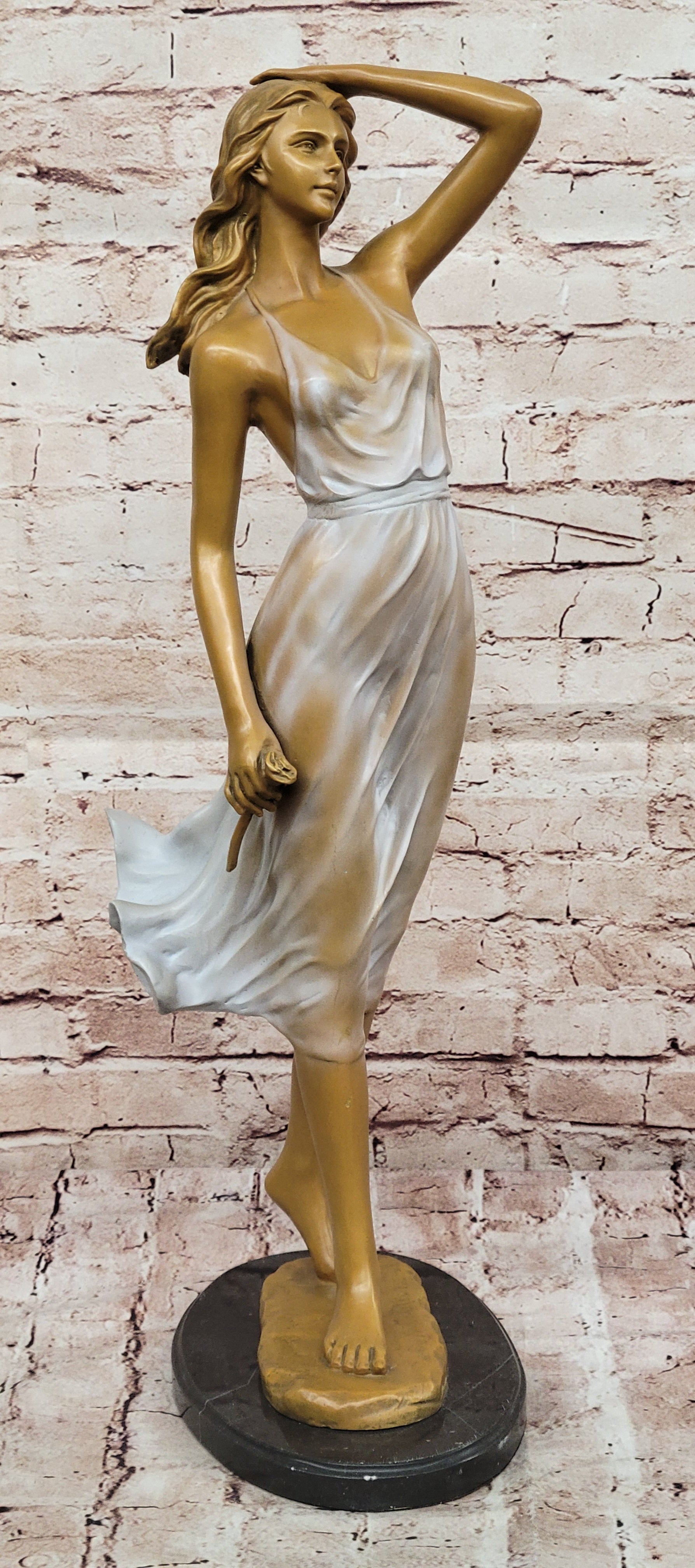 Graceful Lady Holding a Rose Bronze Sculpture – Luxury Art Collectible Female Statue