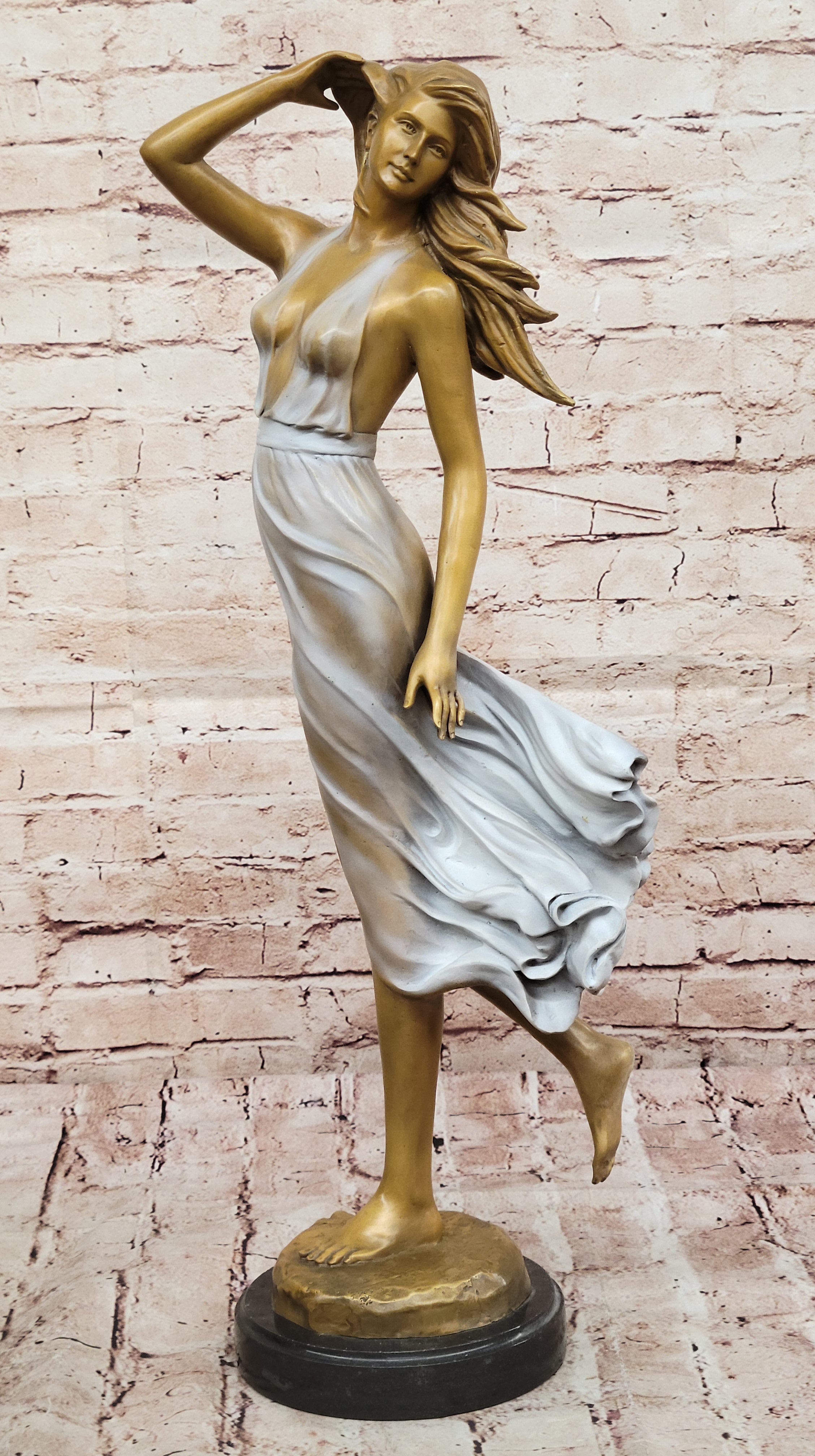 Bronze Female Sculpture – Sensual Elegant Woman in Wind with Flowing Dress Statue