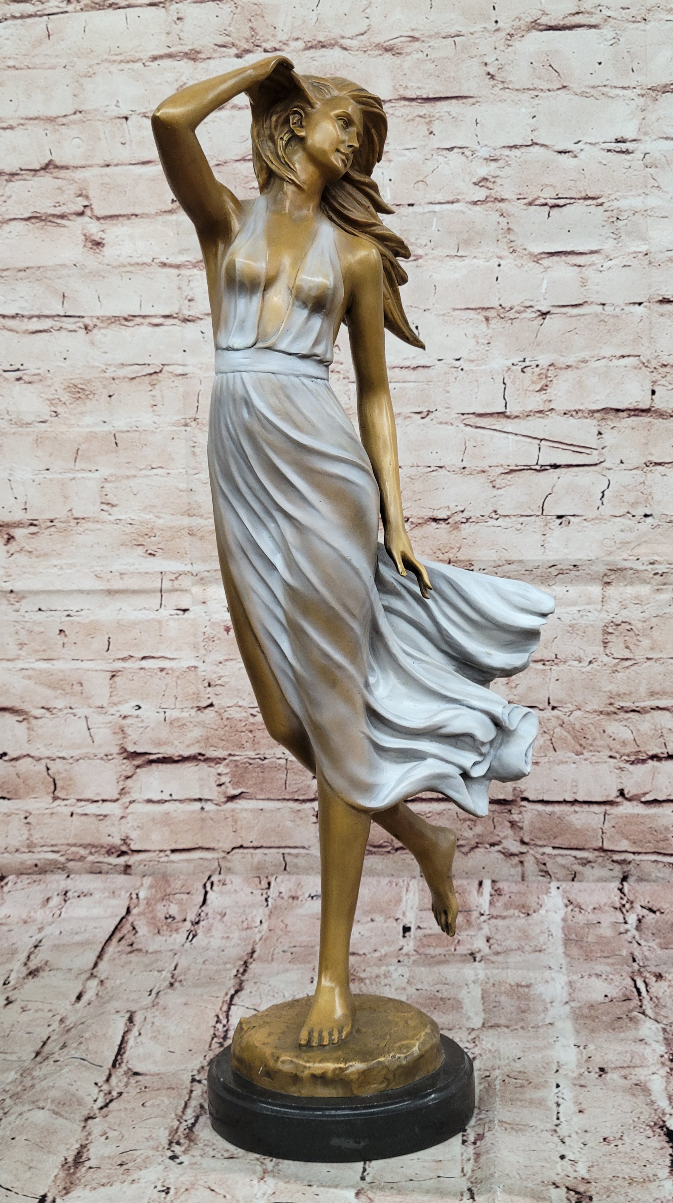 Bronze Female Sculpture – Sensual Elegant Woman in Wind with Flowing Dress Statue
