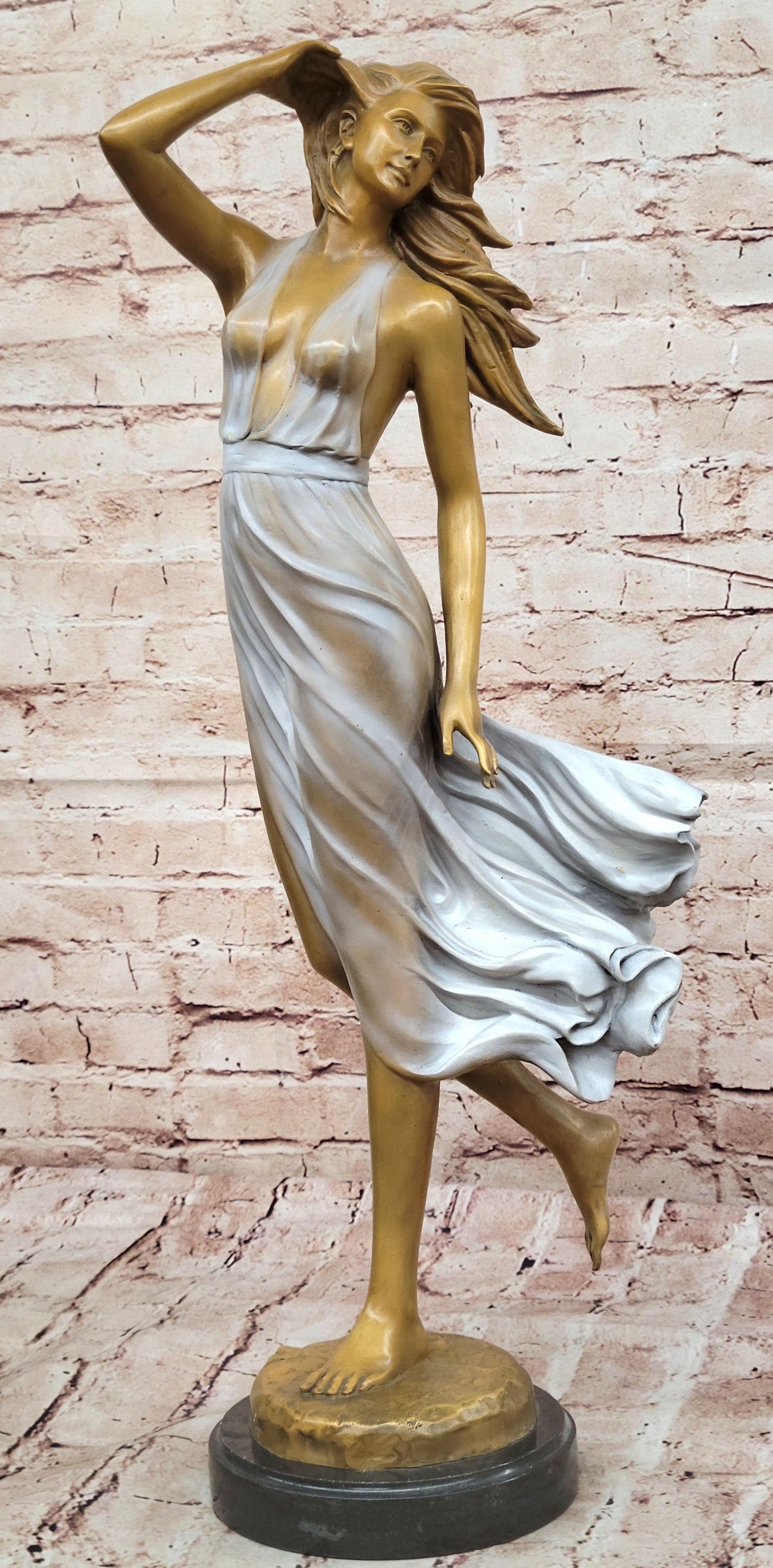 Bronze Female Sculpture – Sensual Elegant Woman in Wind with Flowing Dress Statue