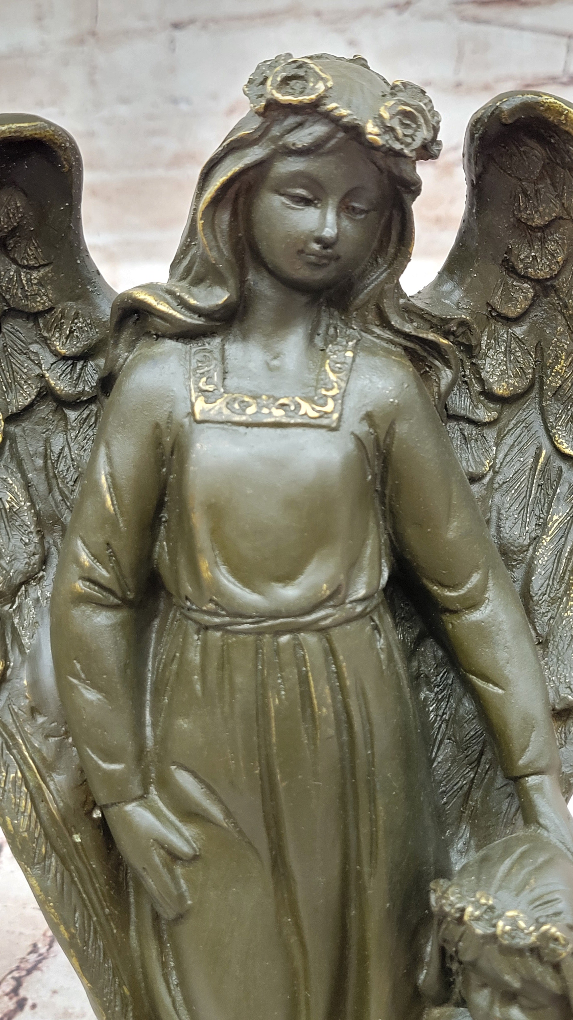 Bronze Angel with Child Sculpture by Moreau Messenger of God Spiritual Figurine