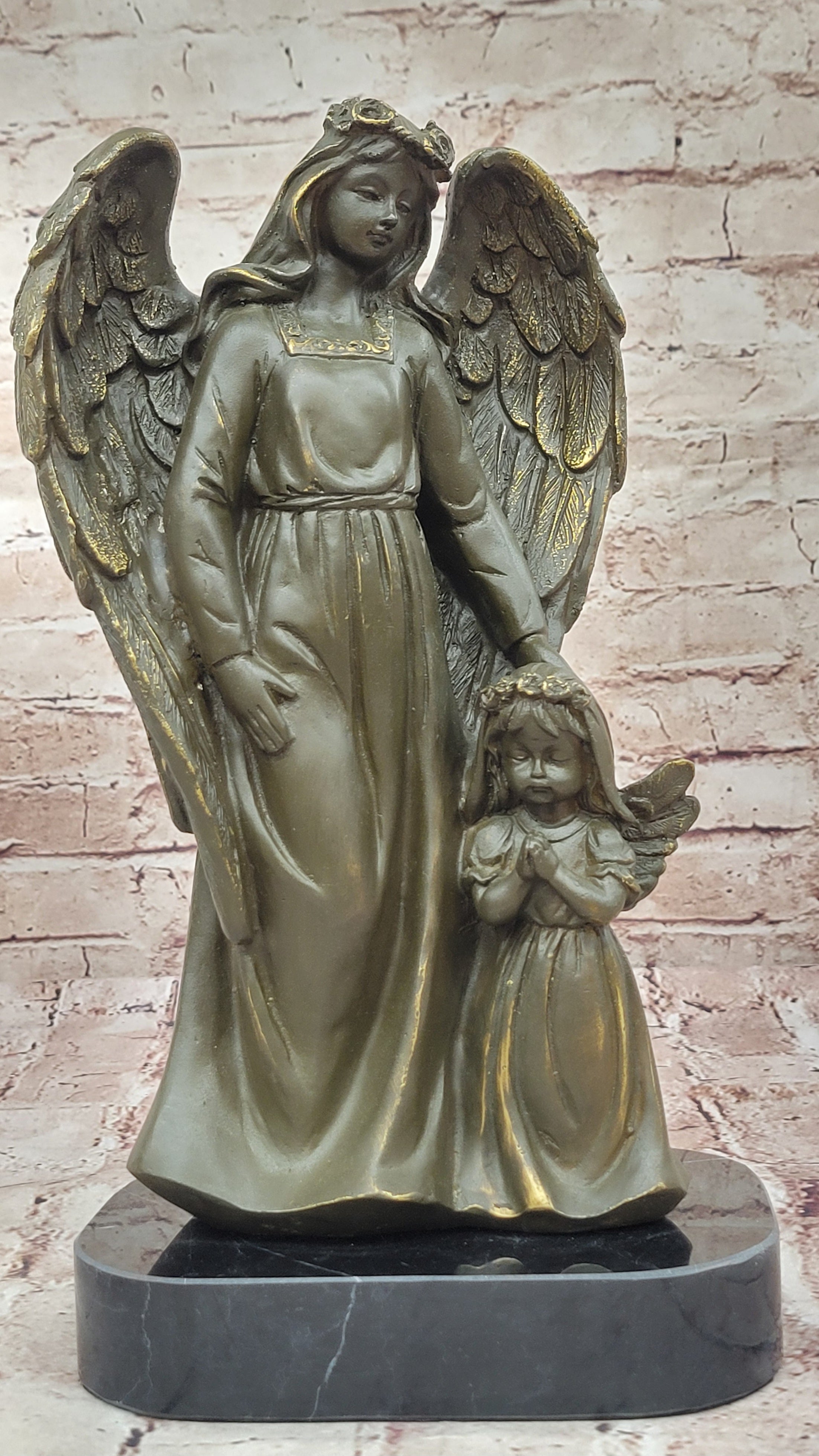 Bronze Angel with Child Sculpture by Moreau Messenger of God Spiritual Figurine