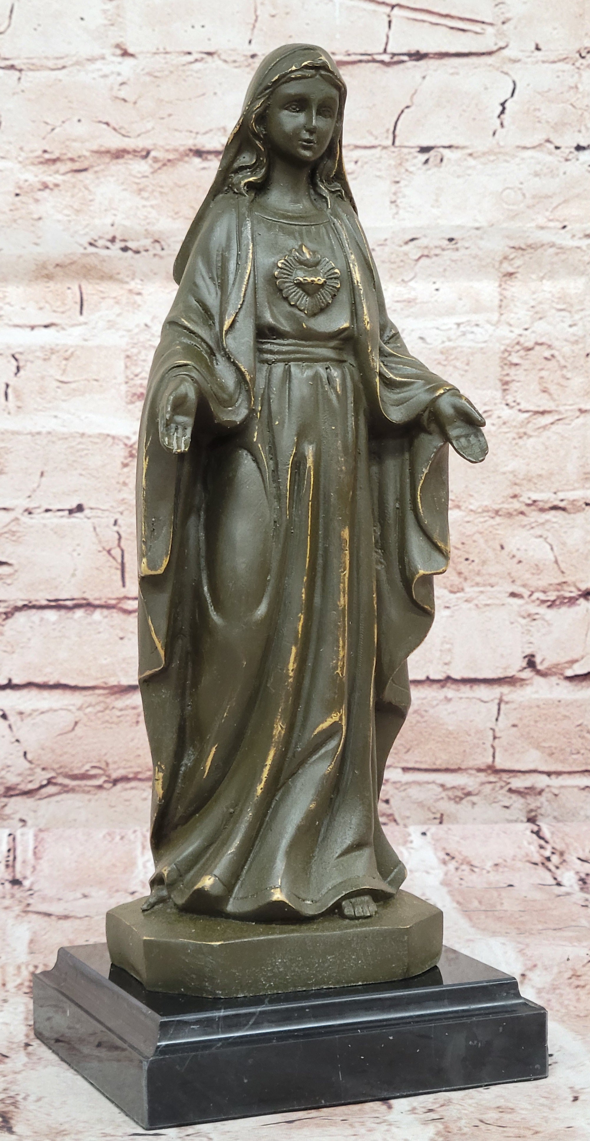 Bronze Blessed Virgin Mary Sculpture Statue Signed Valli Christian Figurine Hand Cast Art