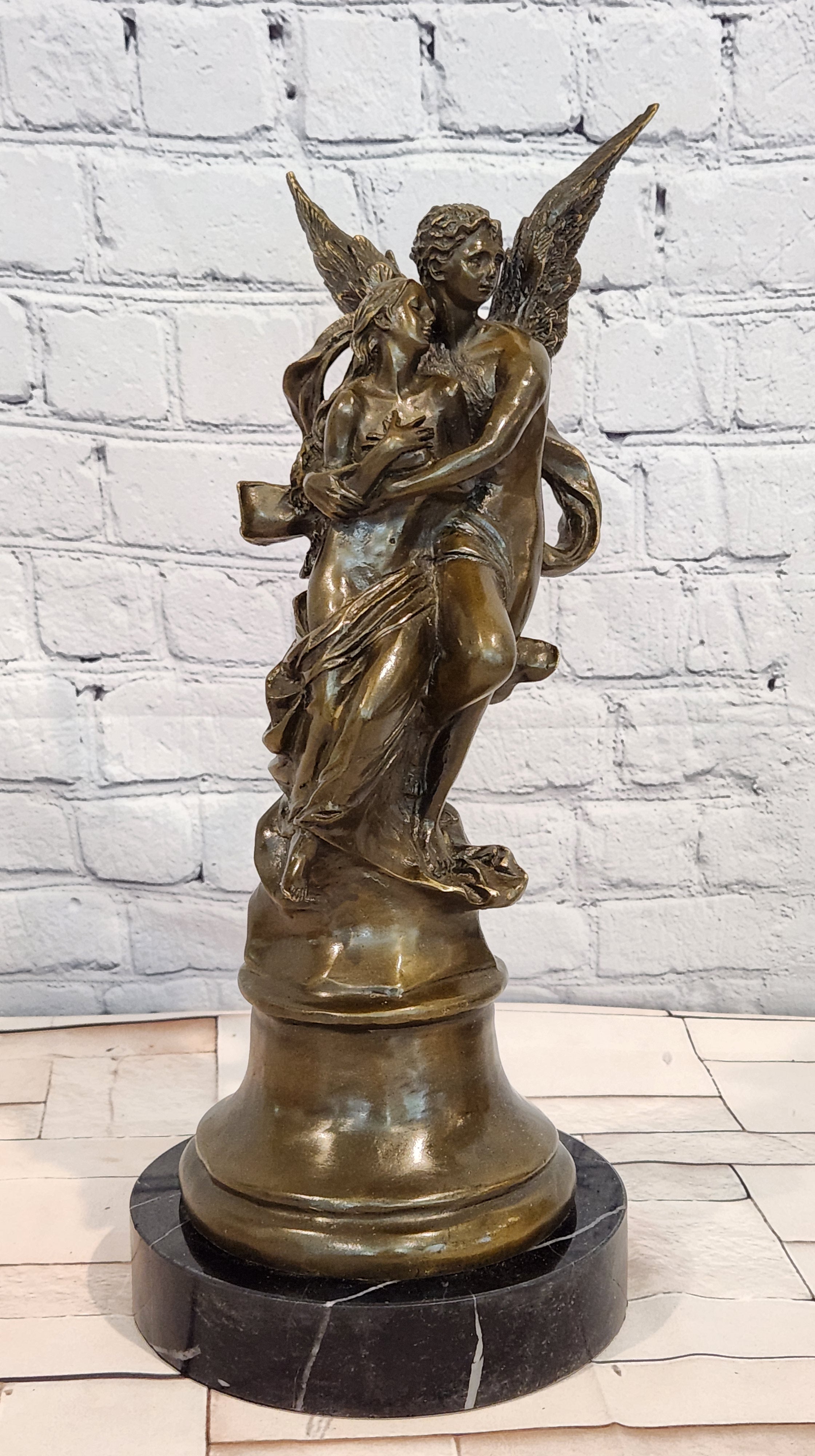 Bronze Romantic Lovers Figurine Cupid Psyche Mythology Sculpture Fine Art Statue