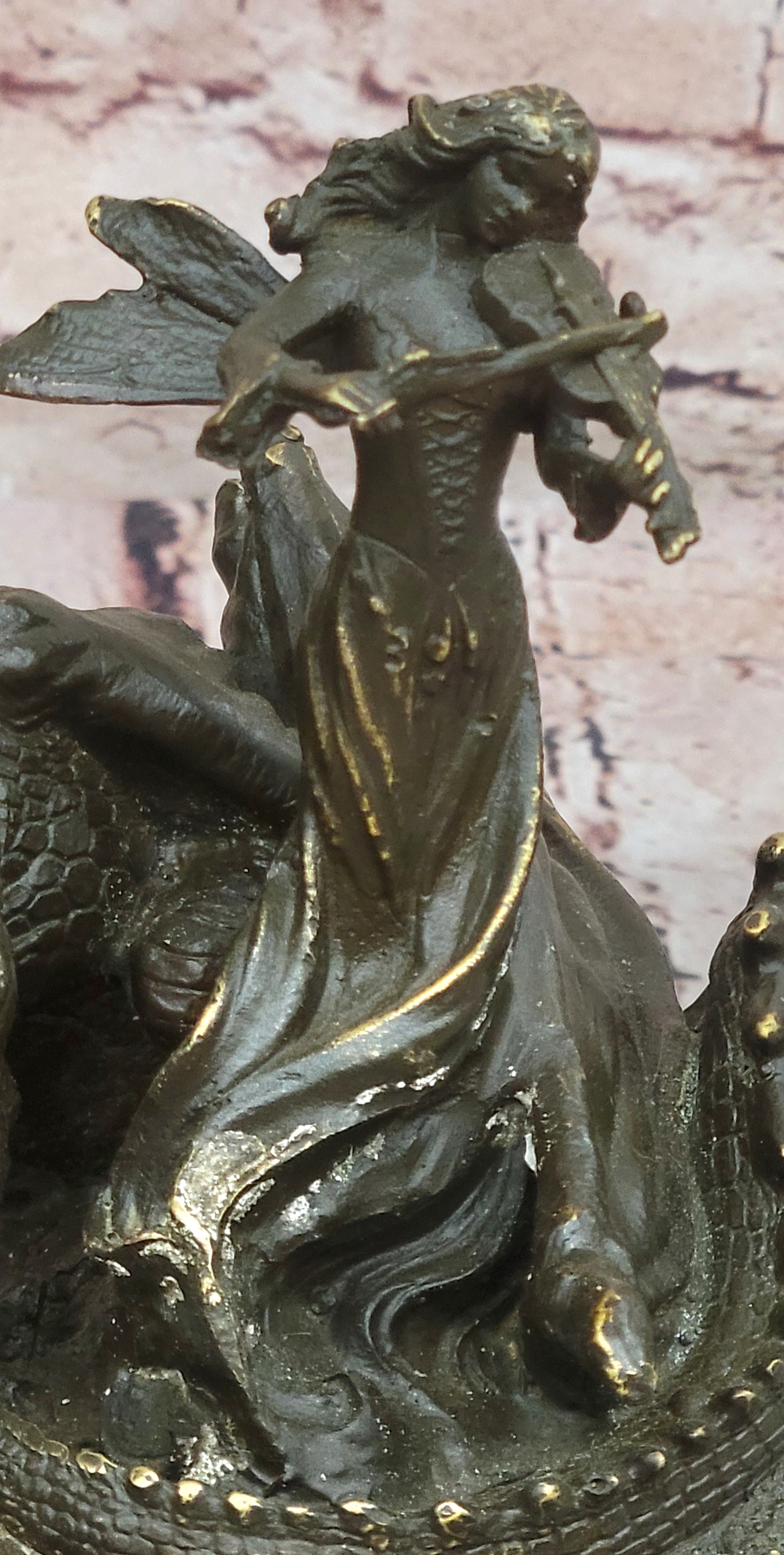 Signed Patoue Fairy Violinist – Dragon Bronze Figurine Fantasy Home Decor