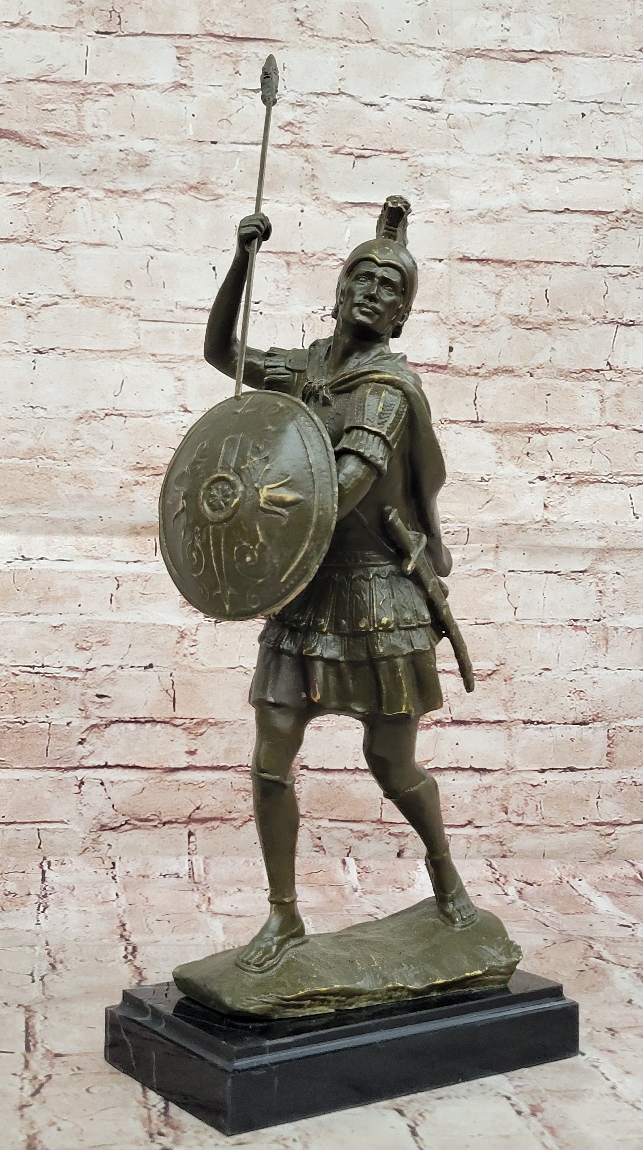 Decorative Bronze Roman Soldier Statue Sculpture with Shield Historic Warrior Artwork Decor