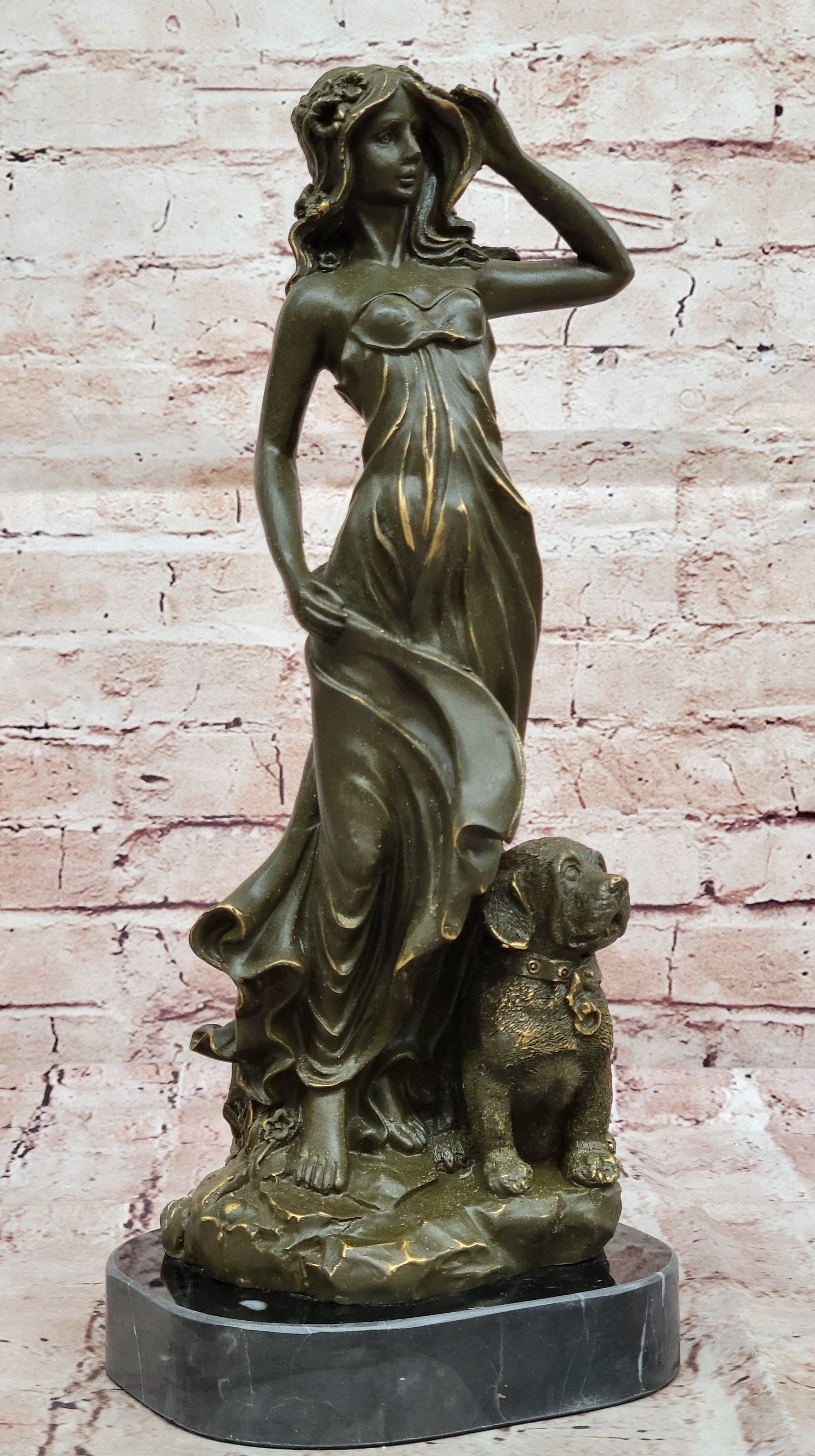 Aldo Vitaleh Bronze Lady with Dog Statue Romantic Goddess Sculpture Figurine Artwork