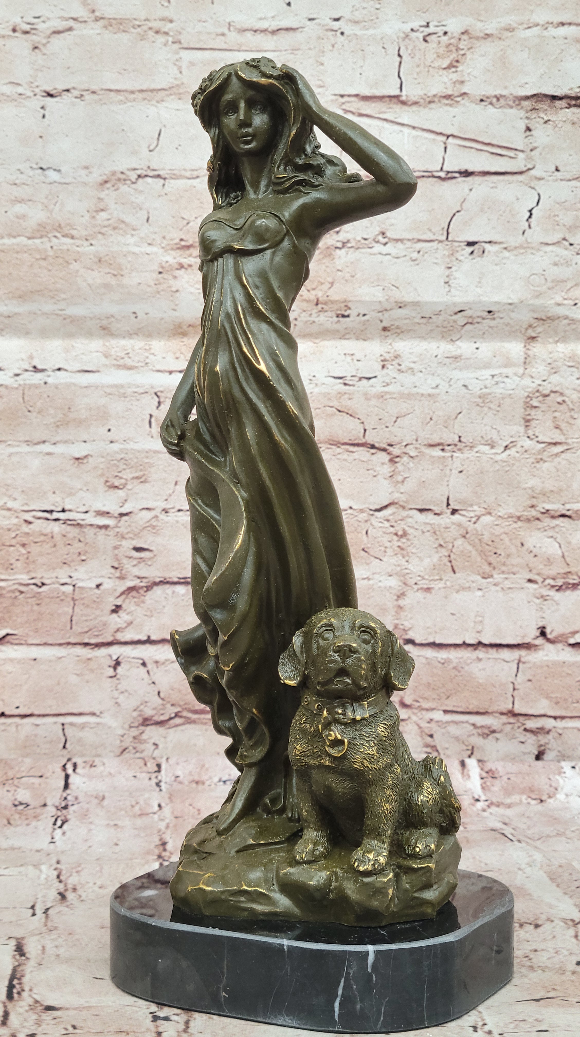 Aldo Vitaleh Bronze Lady with Dog Statue Romantic Goddess Sculpture Figurine Artwork