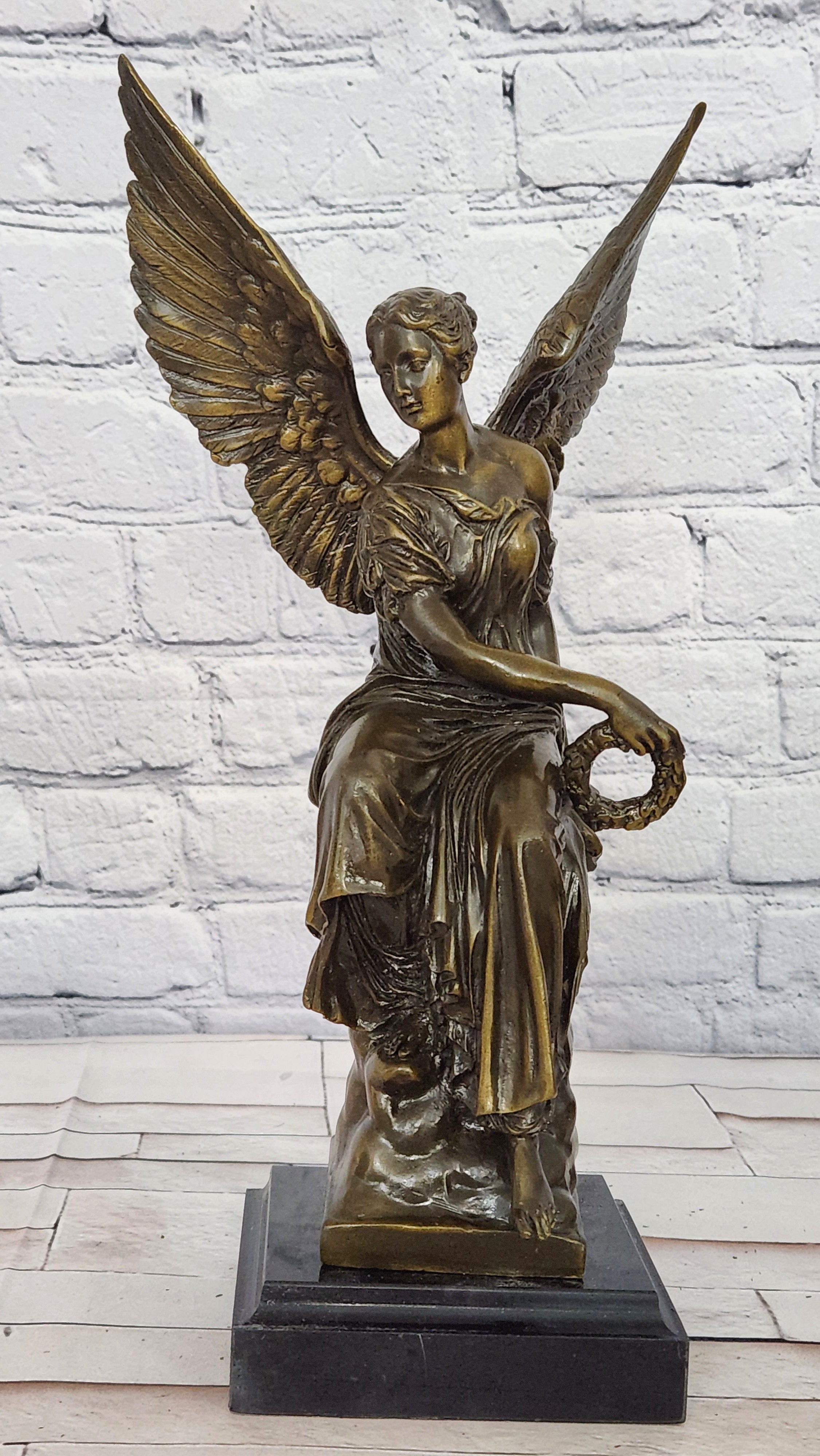 Bronze Nike Victory Angel Sculpture Signed Hudon Mythical Winged Figurine