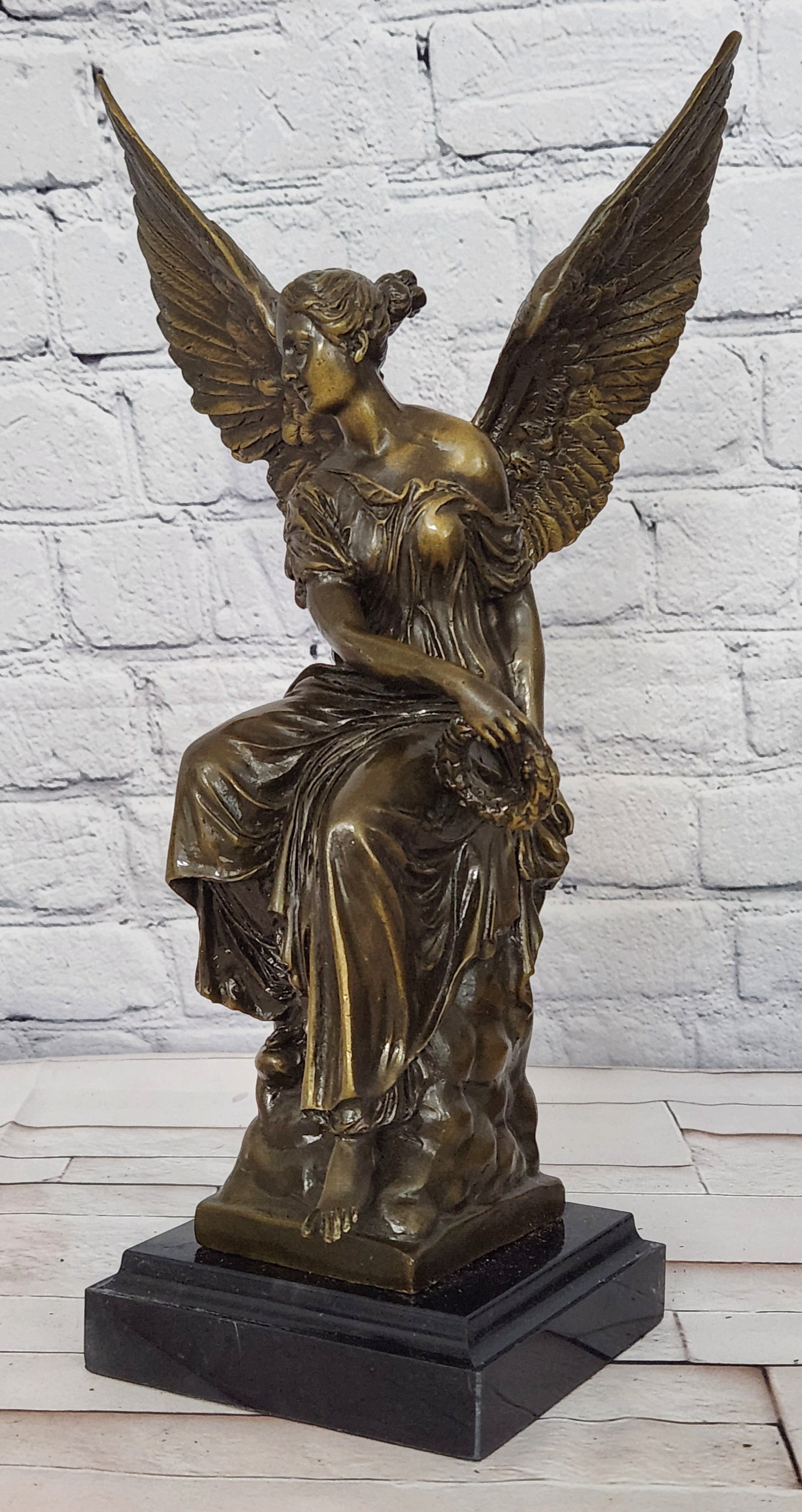 Bronze Nike Victory Angel Sculpture Signed Hudon Mythical Winged Figurine