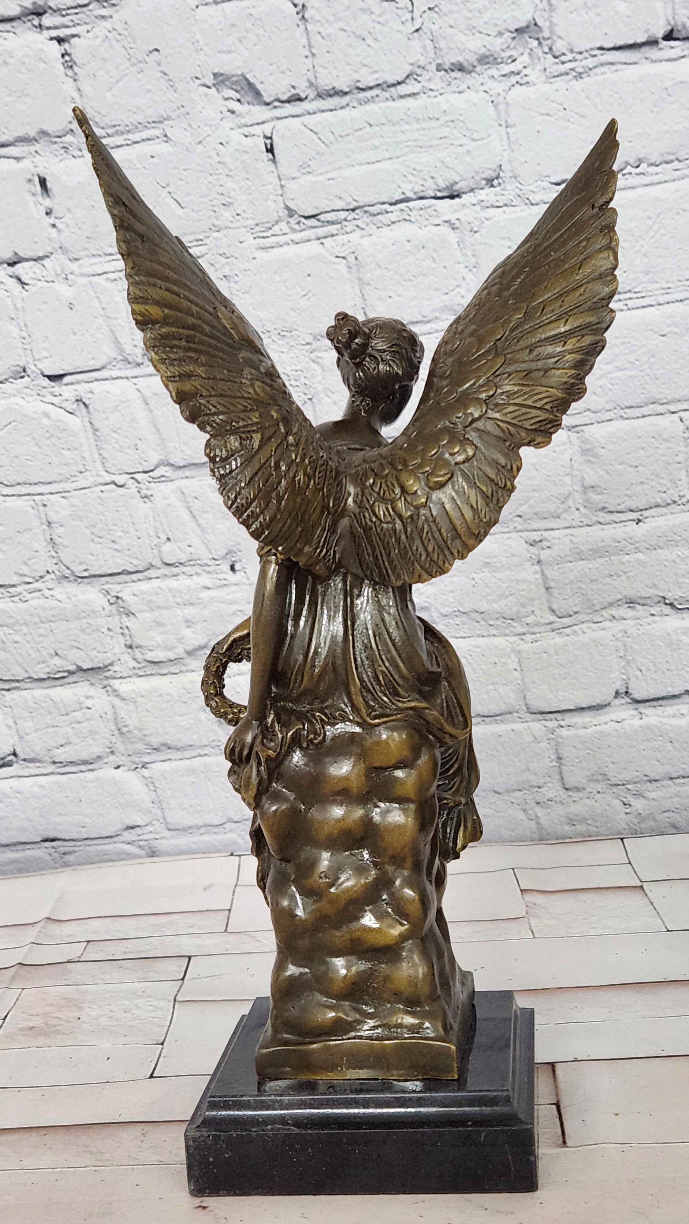 Bronze Nike Victory Angel Sculpture Signed Hudon Mythical Winged Figurine