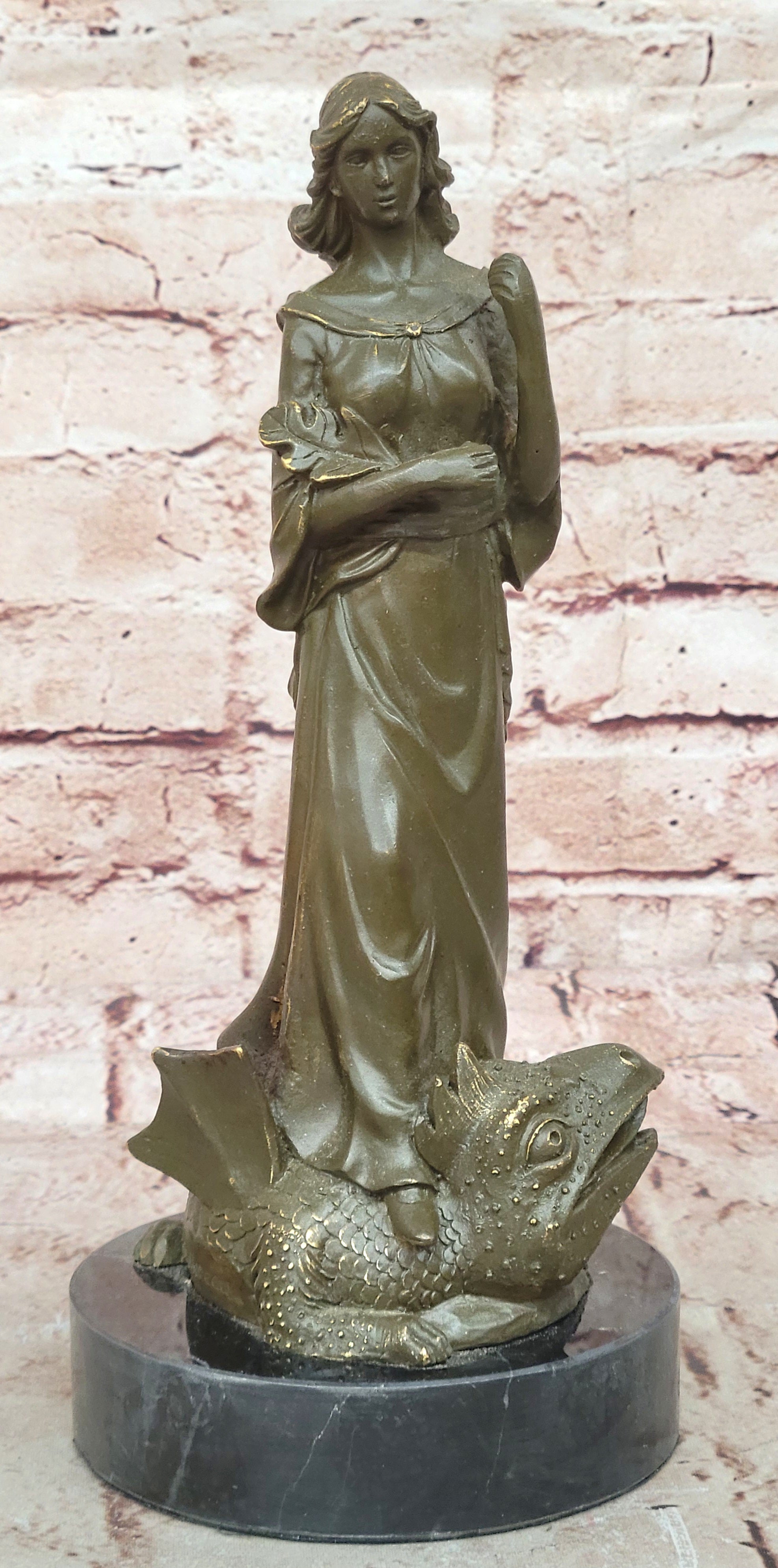 Bronze Sculpture Statue Warrior Goddess Athena on Dragon Collectible Artwork