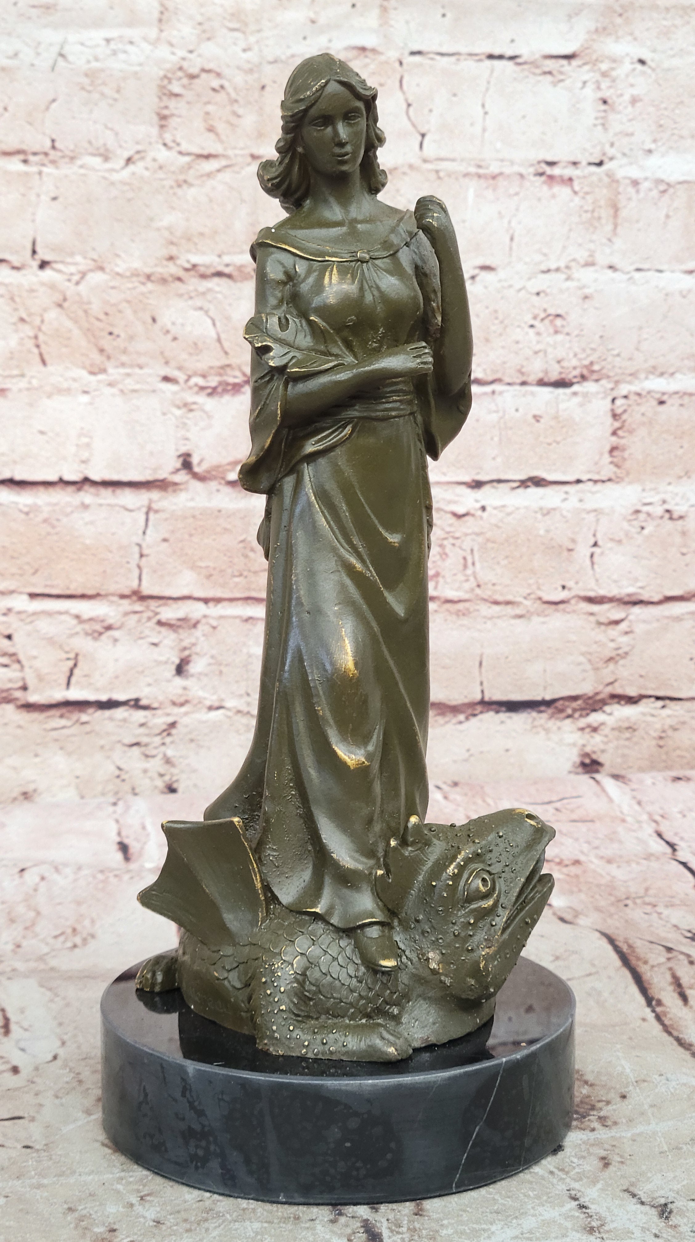 Bronze Sculpture Statue Warrior Goddess Athena on Dragon Collectible Artwork