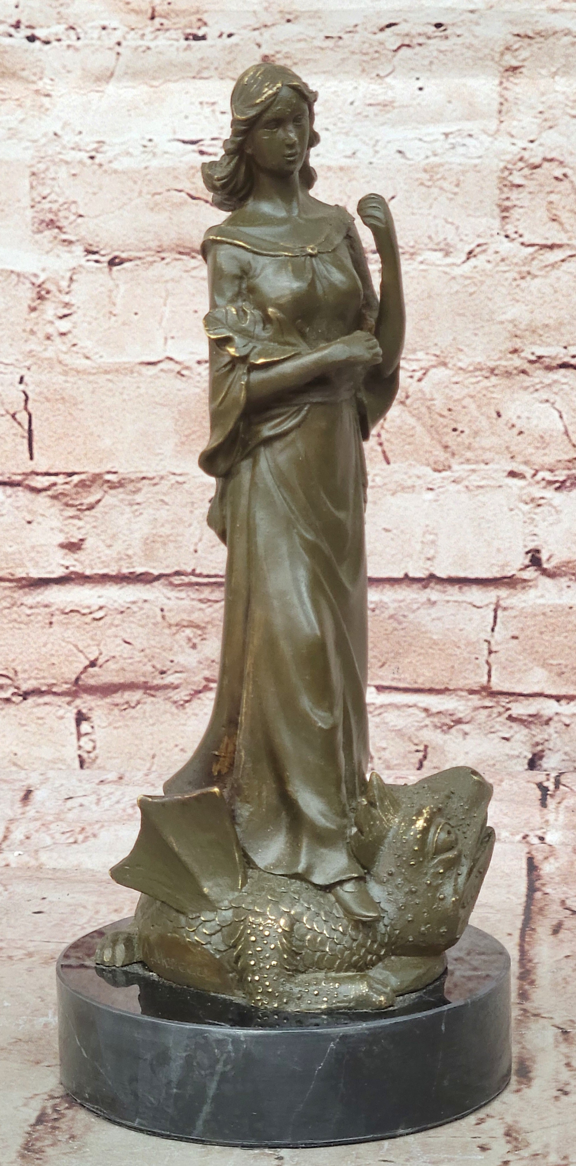 Bronze Sculpture Statue Warrior Goddess Athena on Dragon Collectible Artwork