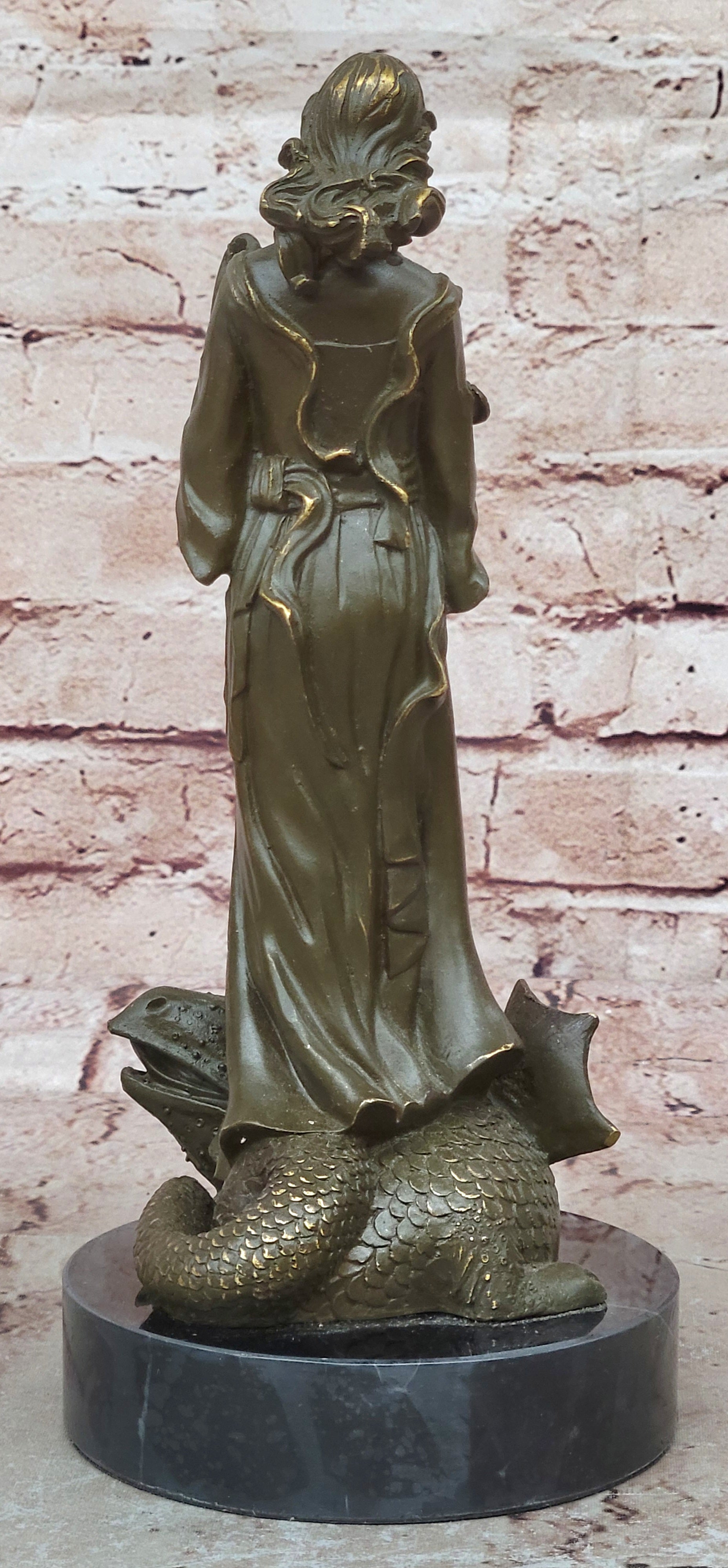 Bronze Sculpture Statue Warrior Goddess Athena on Dragon Collectible Artwork