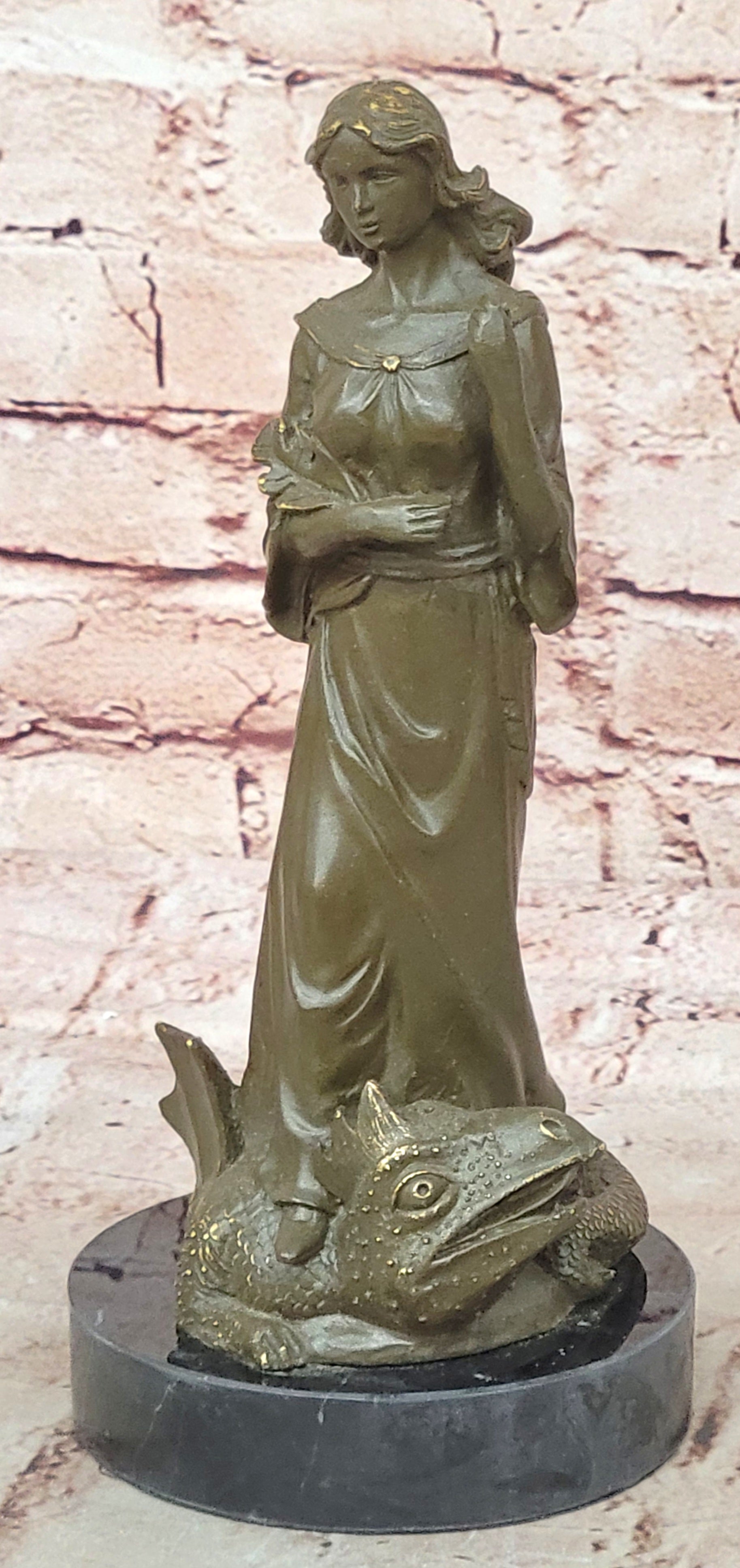 Bronze Sculpture Statue Warrior Goddess Athena on Dragon Collectible Artwork