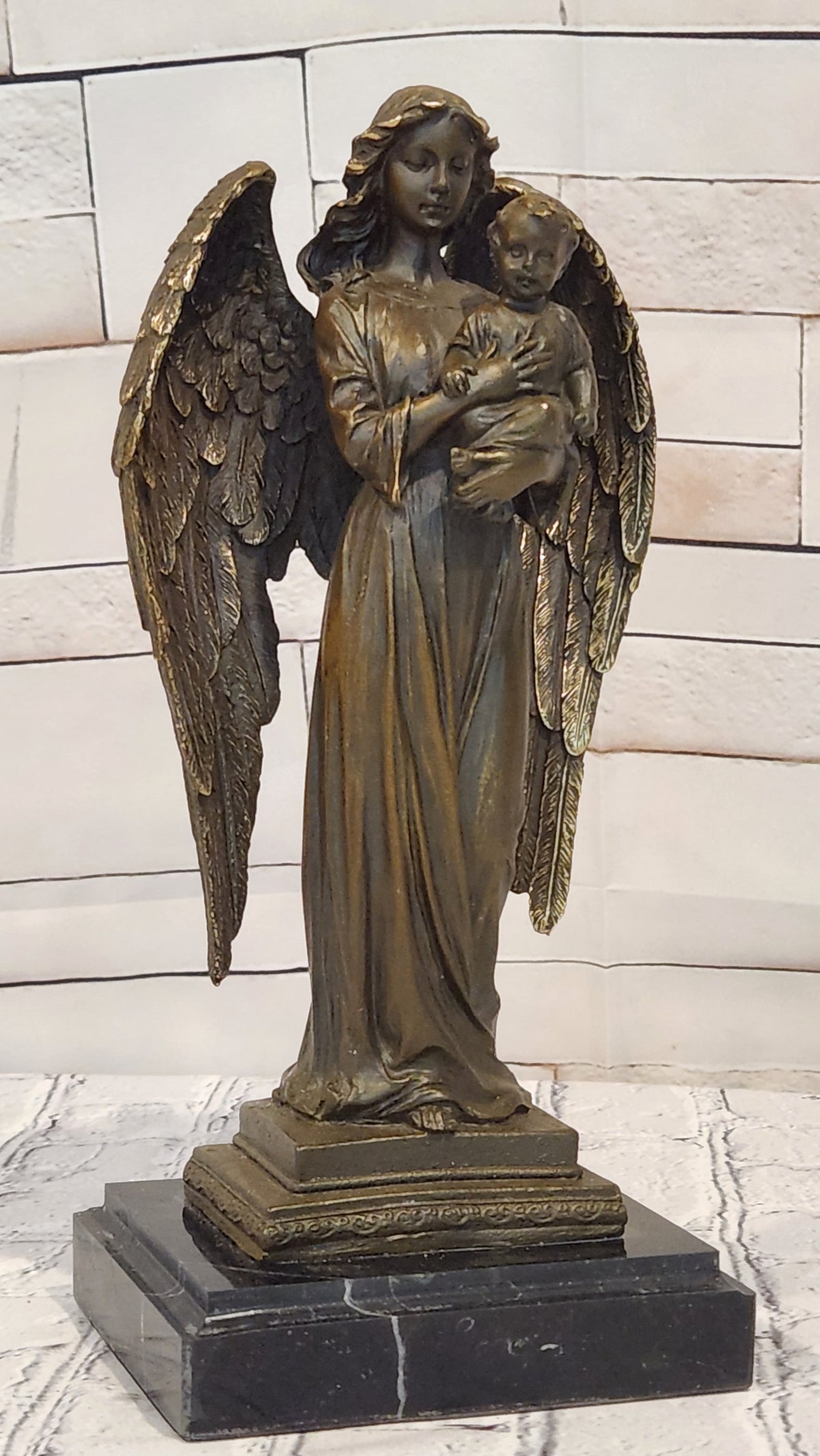 Bronze Celestial Angel Holding Child Sculpture A. Moreau Religious Decor Collectible Art