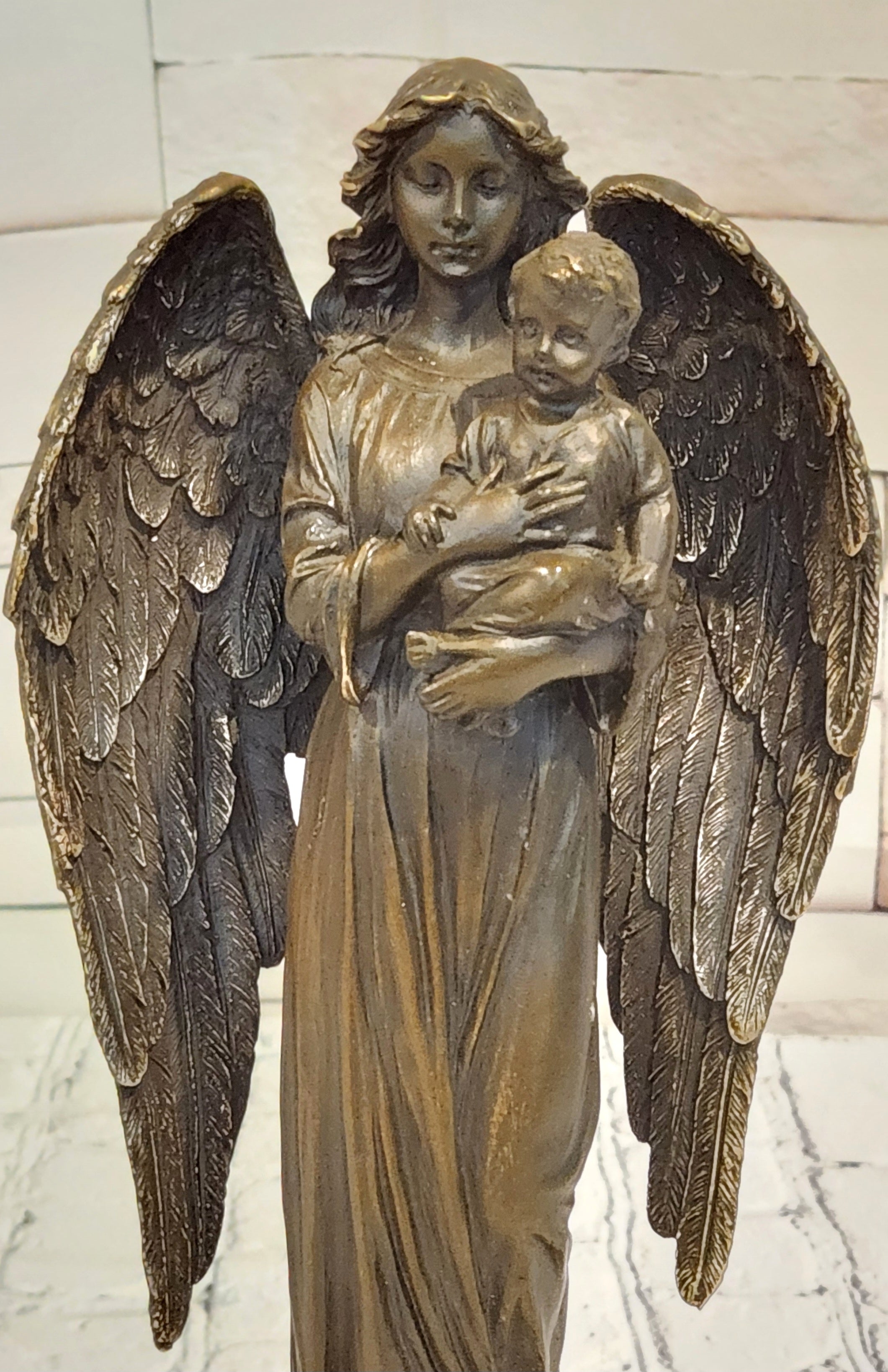 Bronze Celestial Angel Holding Child Sculpture A. Moreau Religious Decor Collectible Art