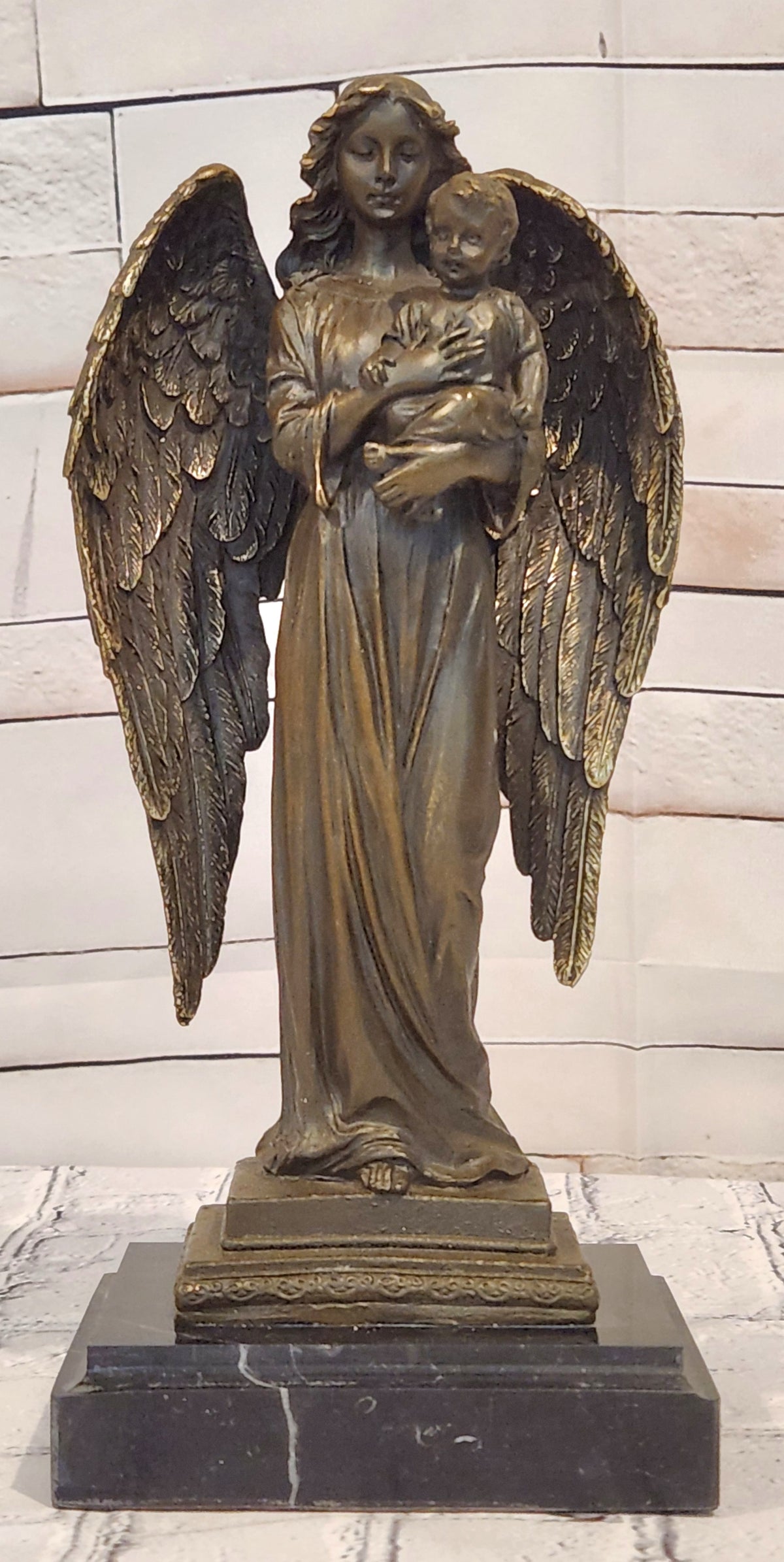 Bronze Celestial Angel Holding Child Sculpture A. Moreau Religious Decor Collectible Art