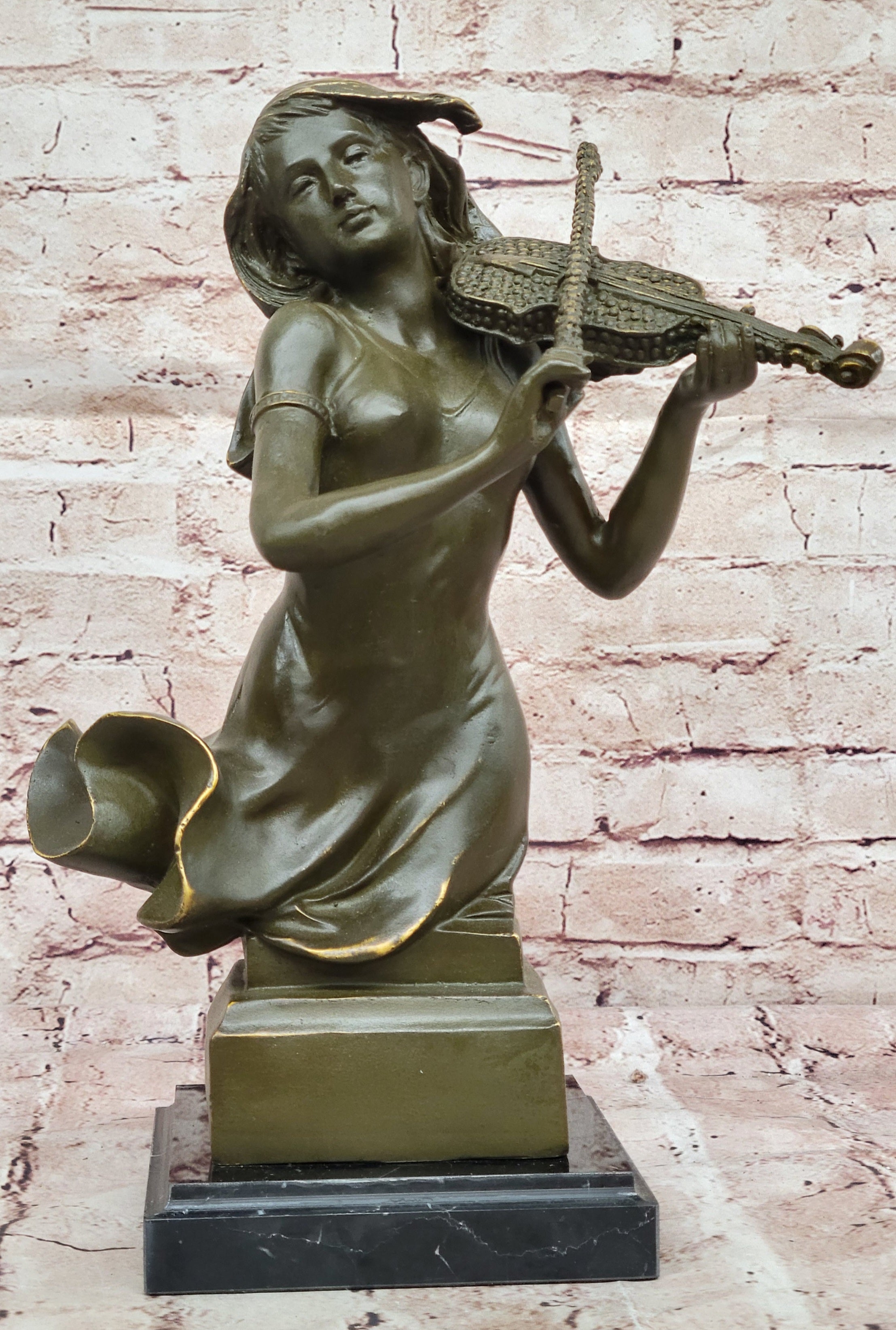 Elegant Bronze Violin Player Girl Statue Signed Patoue Classical Music Decor Piece