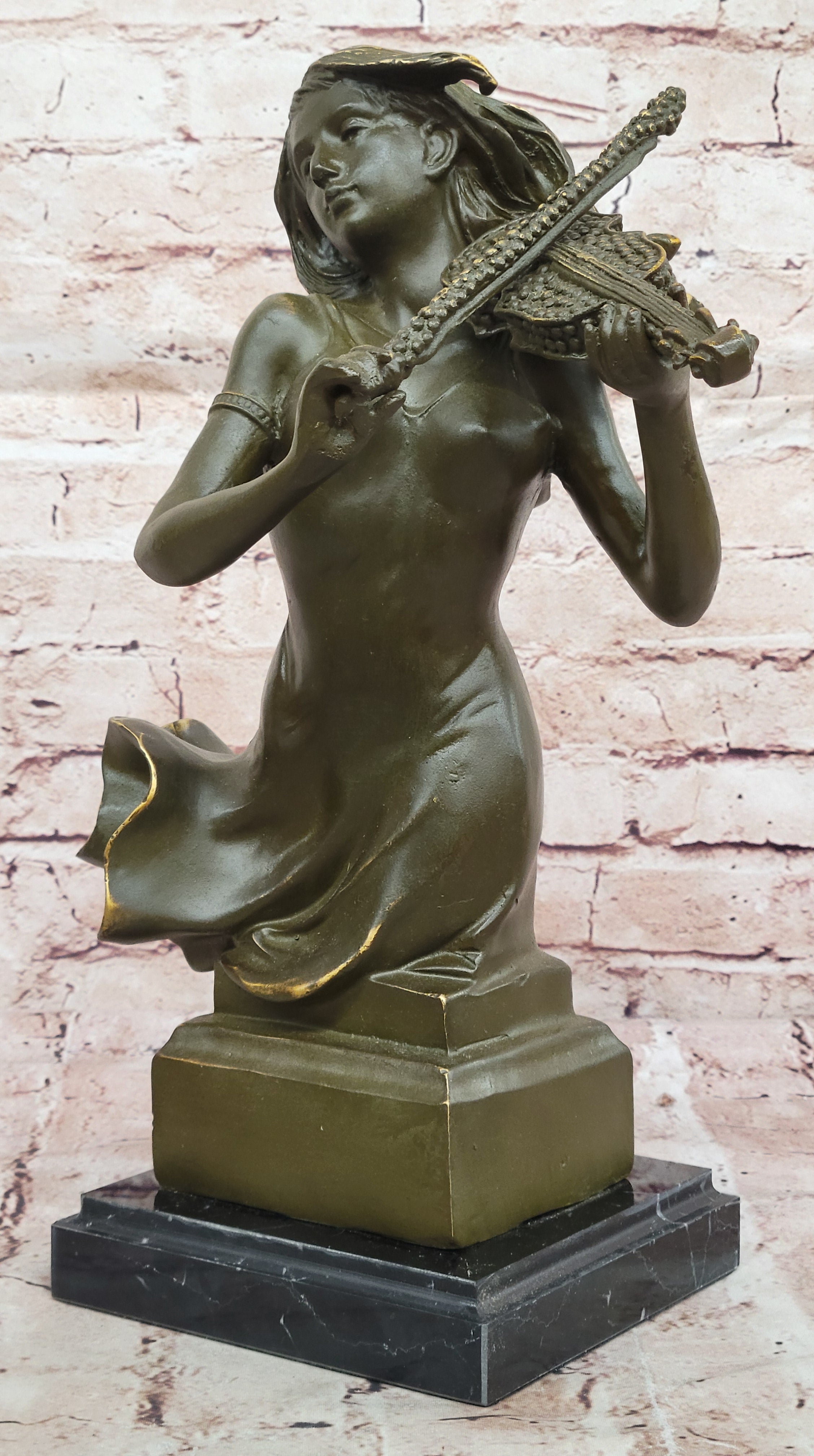 Elegant Bronze Violin Player Girl Statue Signed Patoue Classical Music Decor Piece