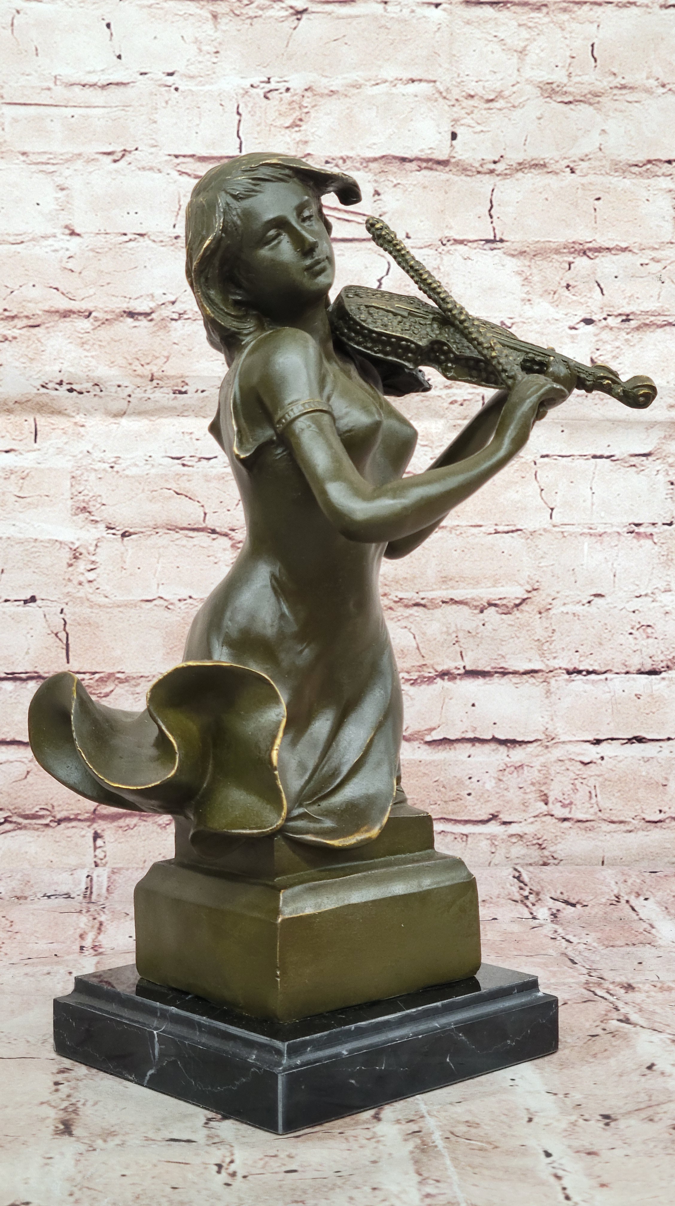 Elegant Bronze Violin Player Girl Statue Signed Patoue Classical Music Decor Piece