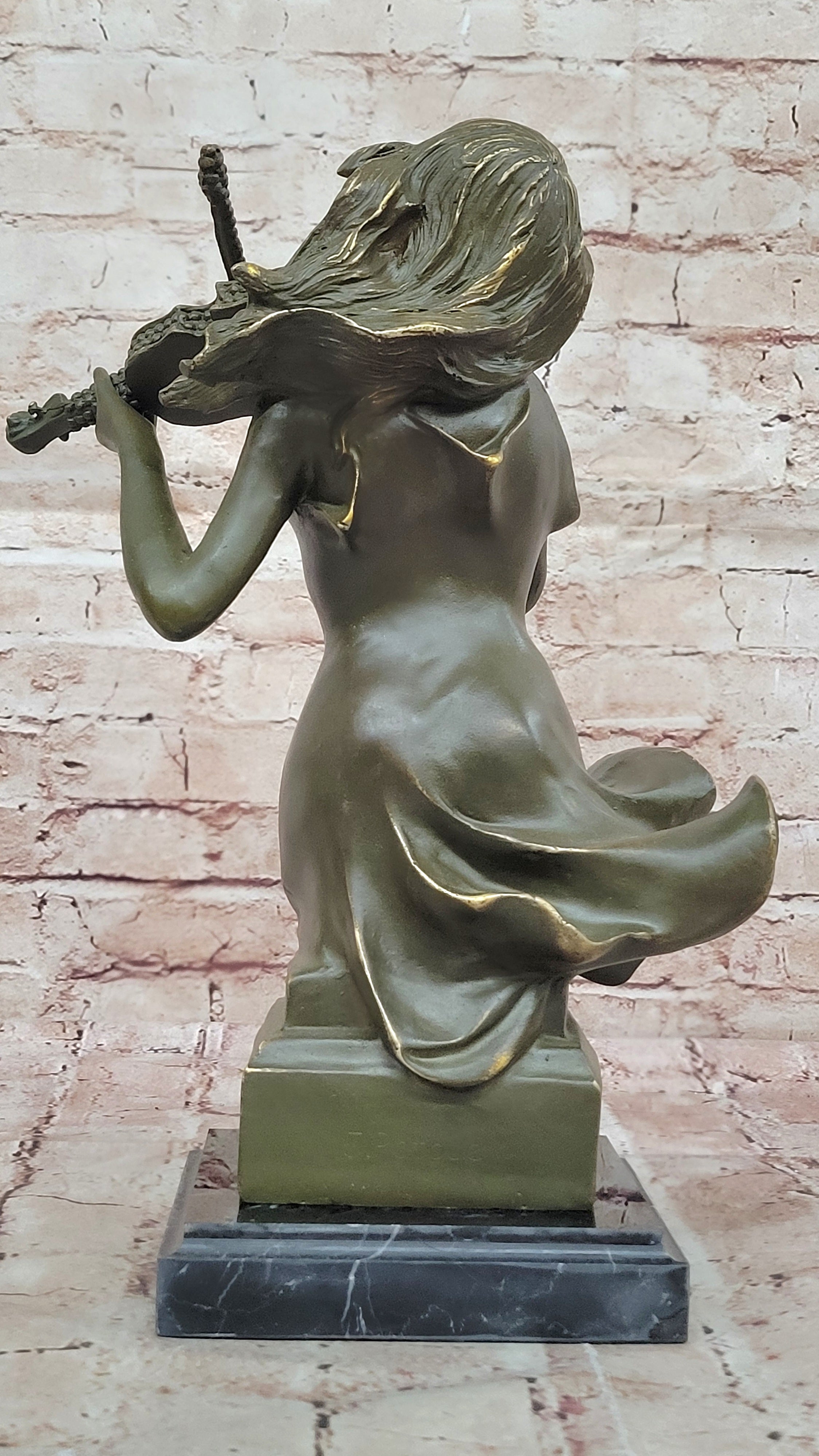 Elegant Bronze Violin Player Girl Statue Signed Patoue Classical Music Decor Piece