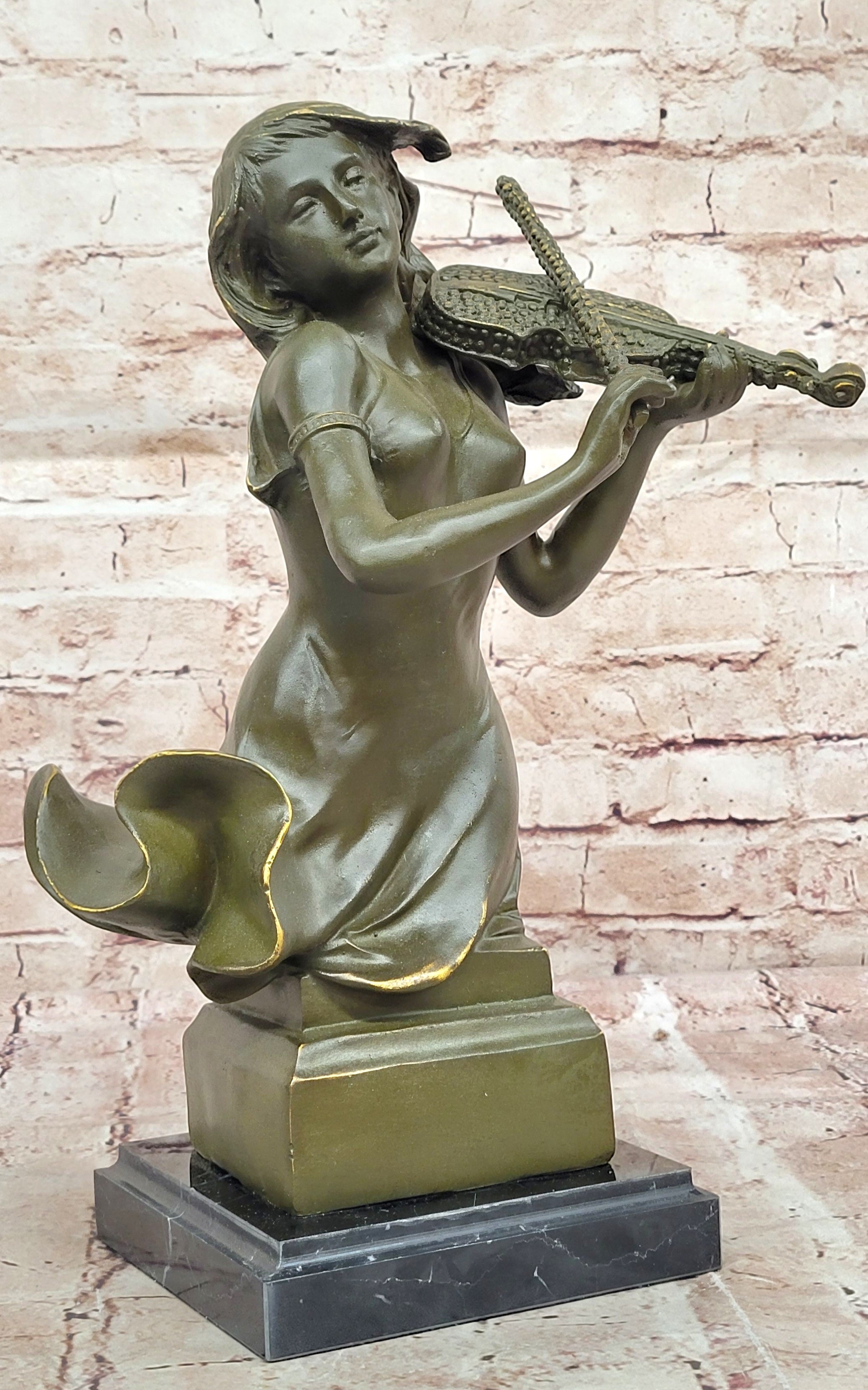 Elegant Bronze Violin Player Girl Statue Signed Patoue Classical Music Decor Piece